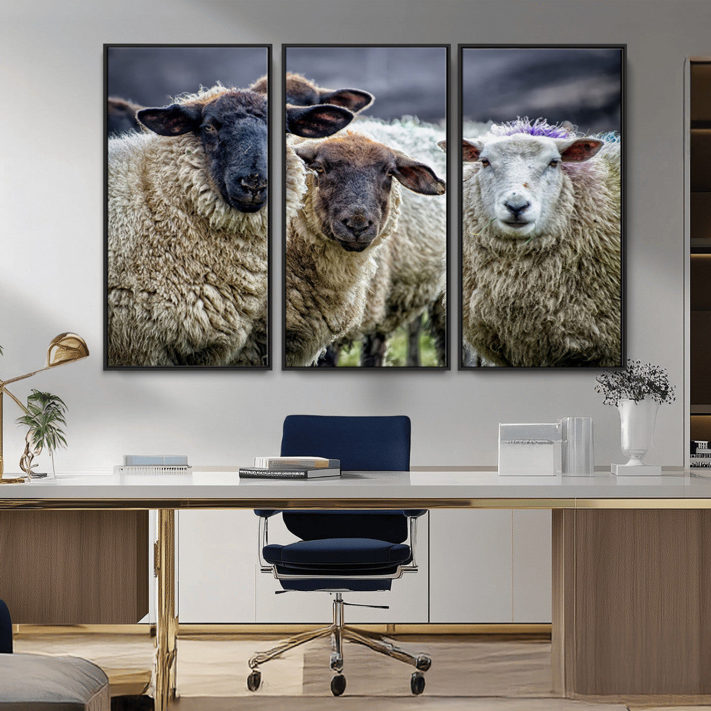 -Charming Sheep Portrait Wall Art – Trio of Woolly Companions Canvas Print, Framed, Ready to Hang