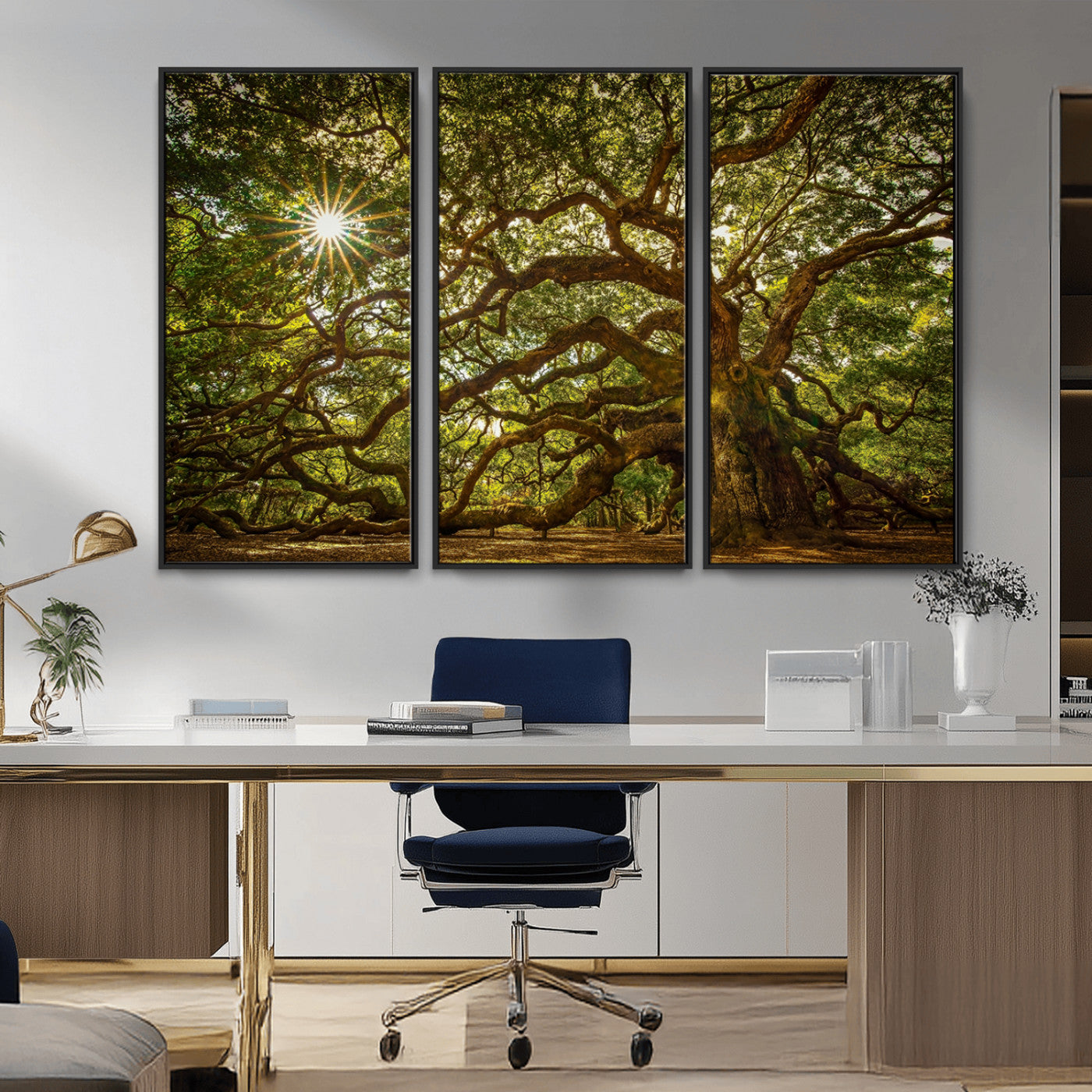 MGV-FC-48X32-3P - Ancient Angel Oak Tree Art Sunburst Canvas Print- Nature-Inspired Triptych Canvas Print, Framed, Ready to Hang