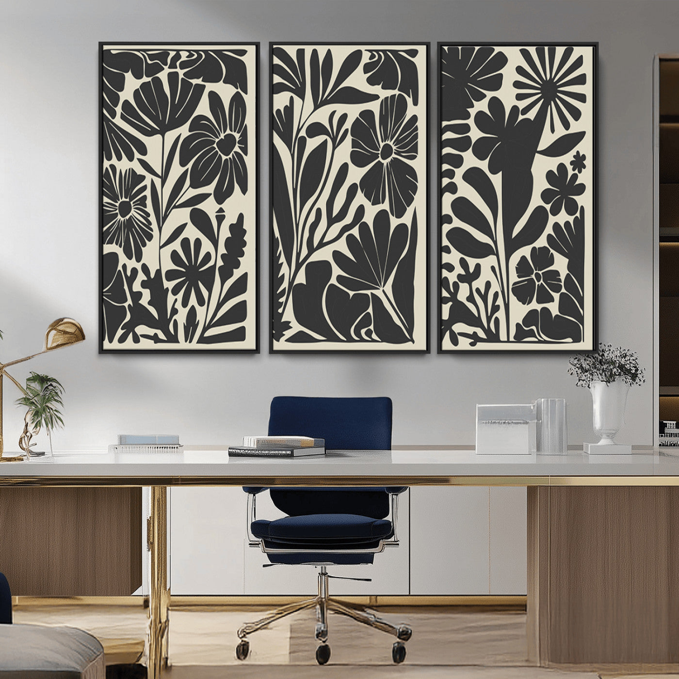 MGV-FC-48X32-3P - Modern Botanical Wall Art - Floral Black and White Canvas Print, Framed, Ready to Hang