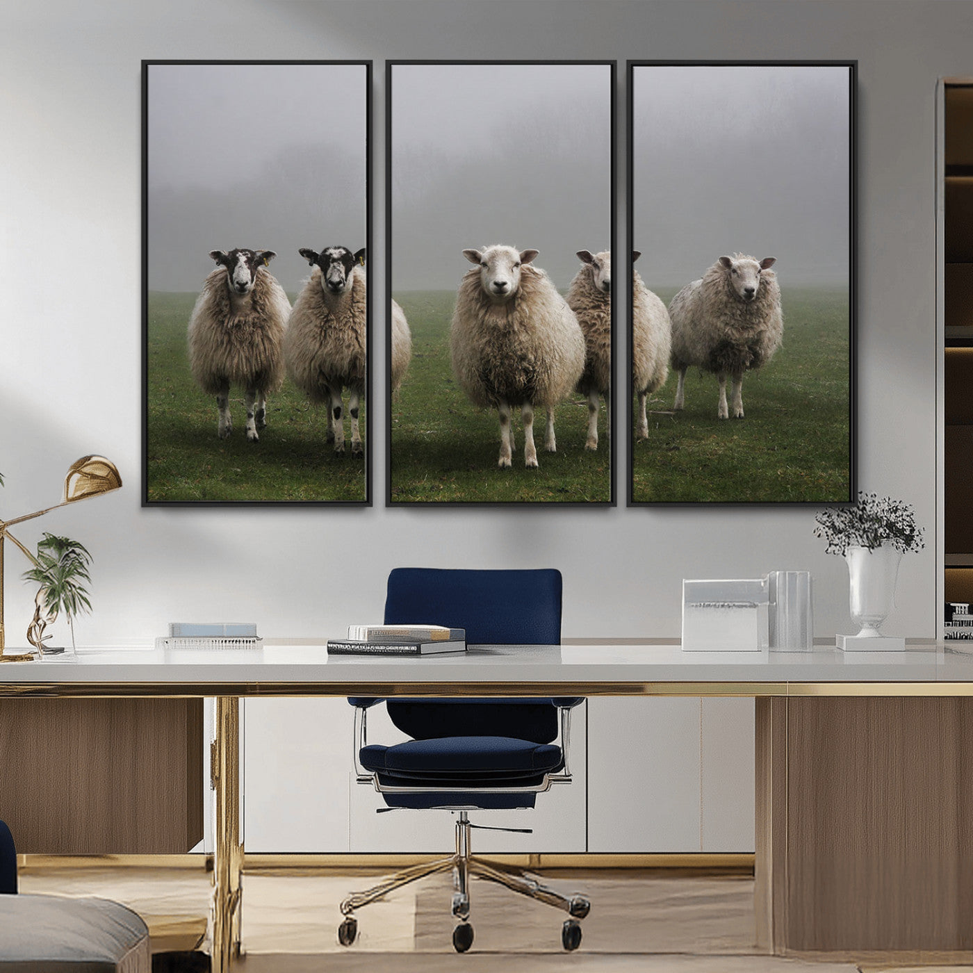 87339-MGV-FC-48X32-3P_Black-Flock of Sheep in a Mystical Fog – Pastoral Wall Art Canvas Print, Framed, Ready to Hang