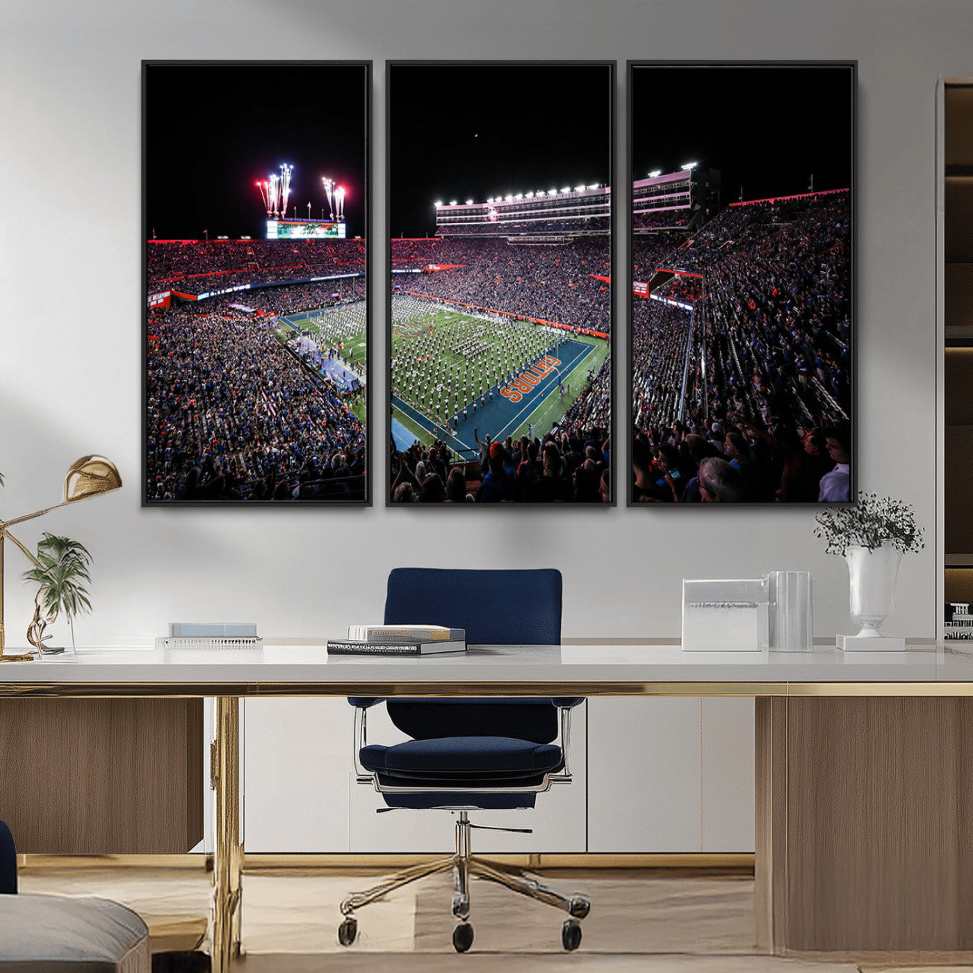 MGV-FC-48X32-3P - Ben Hill Griffin Stadium Night Game Triple Canvas Wall Art - Florida Gators Football Match