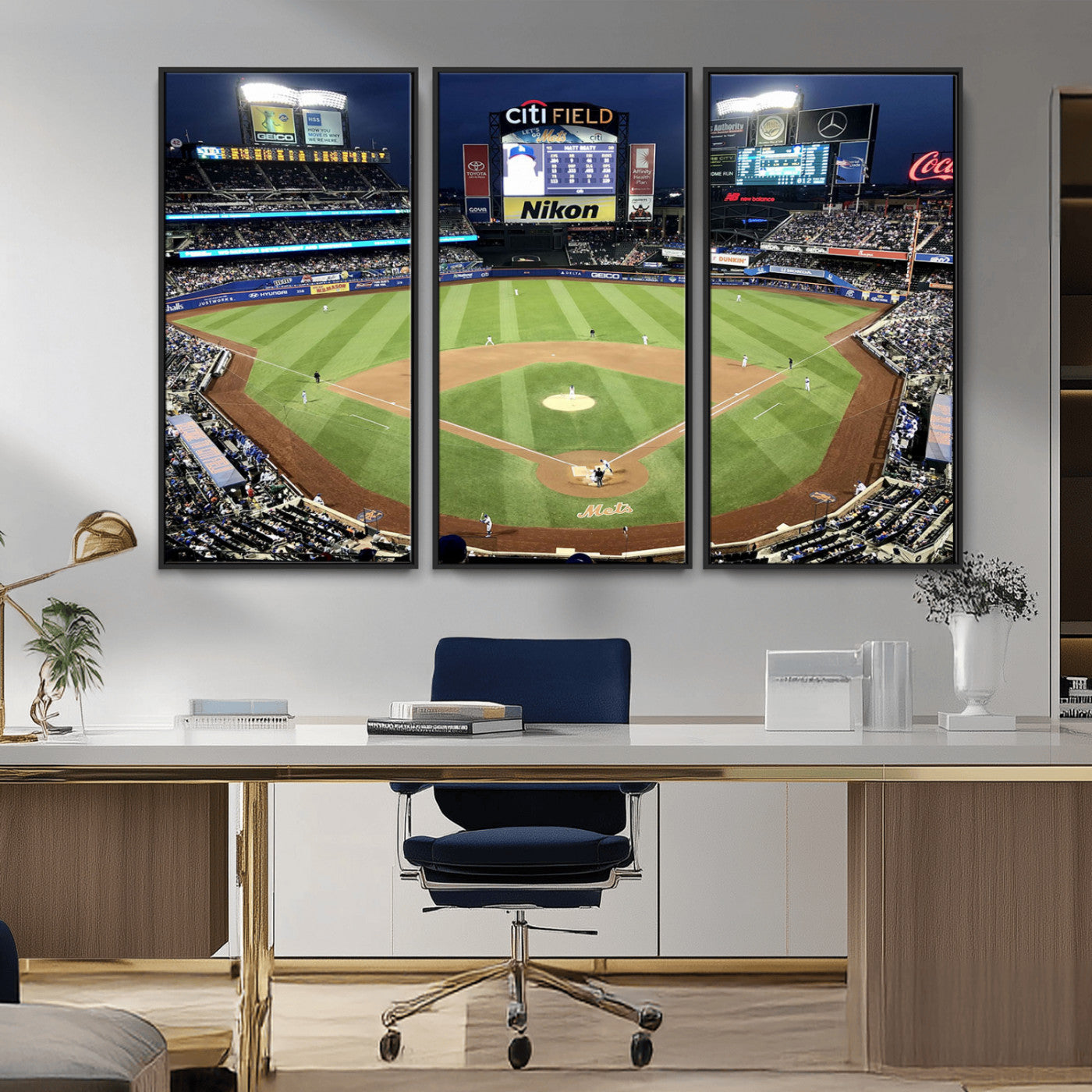 MGV-FC-48X32-3P - Citi Field Wall Art Print | 3-Panel New York Mets Baseball Stadium Canvas Print | Framed Sports Decor for Living Room, Man Cave, or Office Decor
