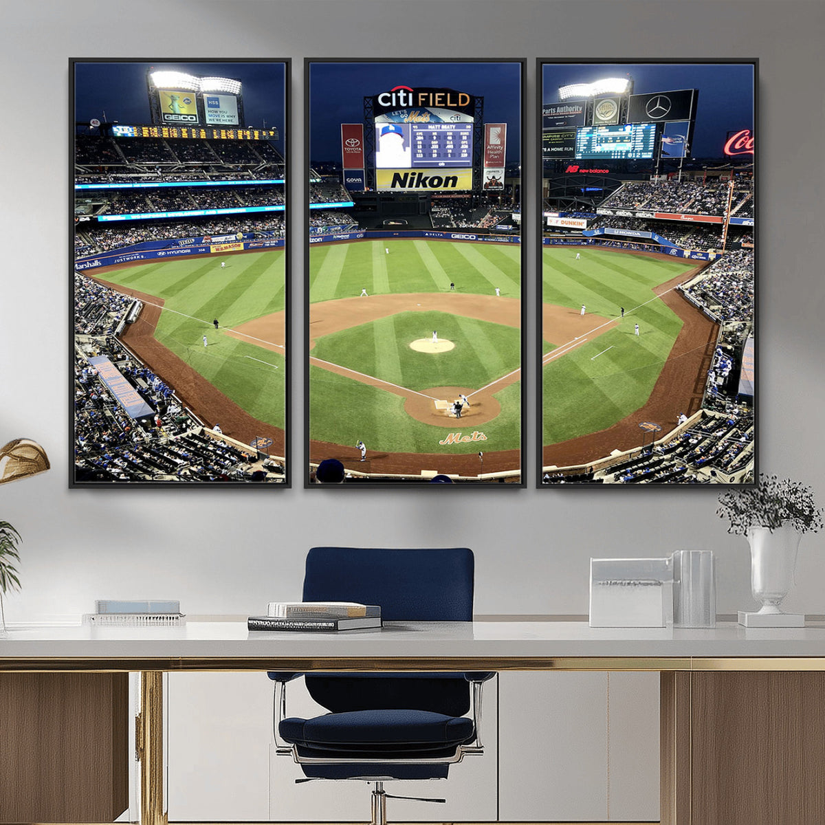 87666-MGV-CV-36X24 - Citi Field Wall Art Print | 3-Panel New York Mets Baseball Stadium Canvas Print | Framed Sports