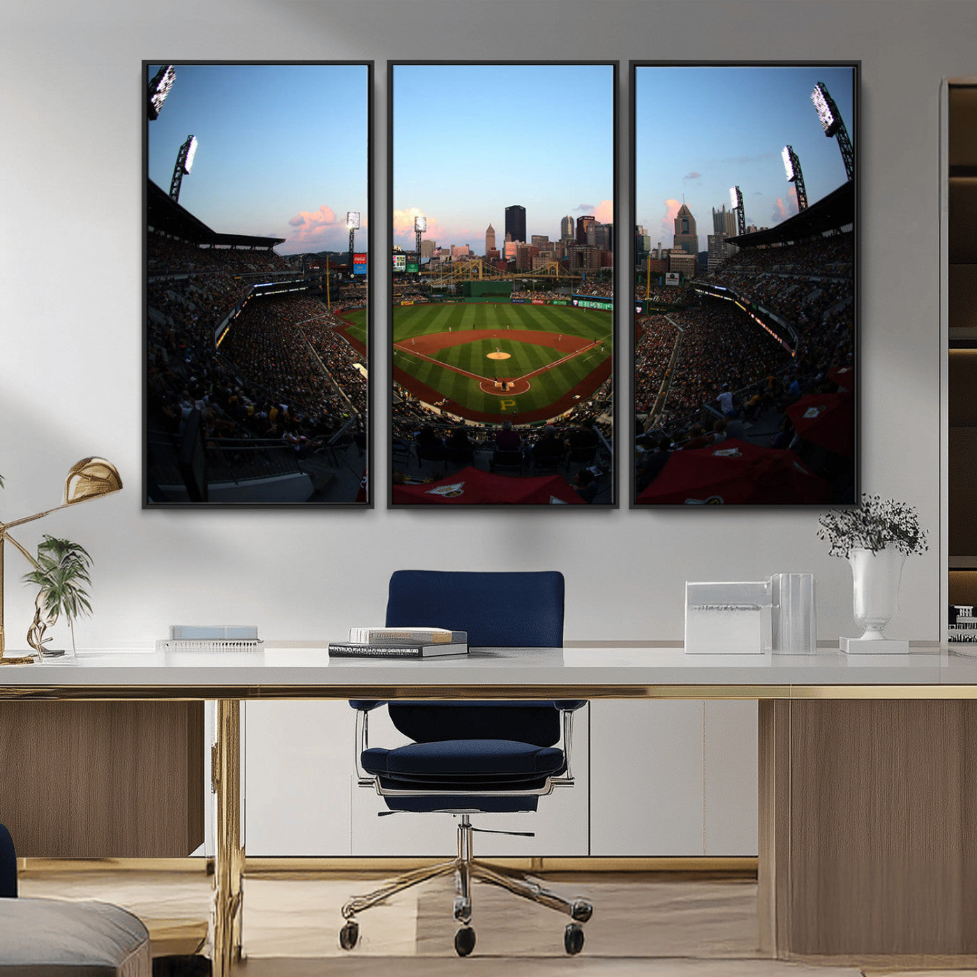 MGV-FC-48X32-3P - PNC Park Evening Game Triple Canvas Wall Art - Pittsburgh Pirates MLB Match - PNC Park Stadium Wall Art Canvas Print