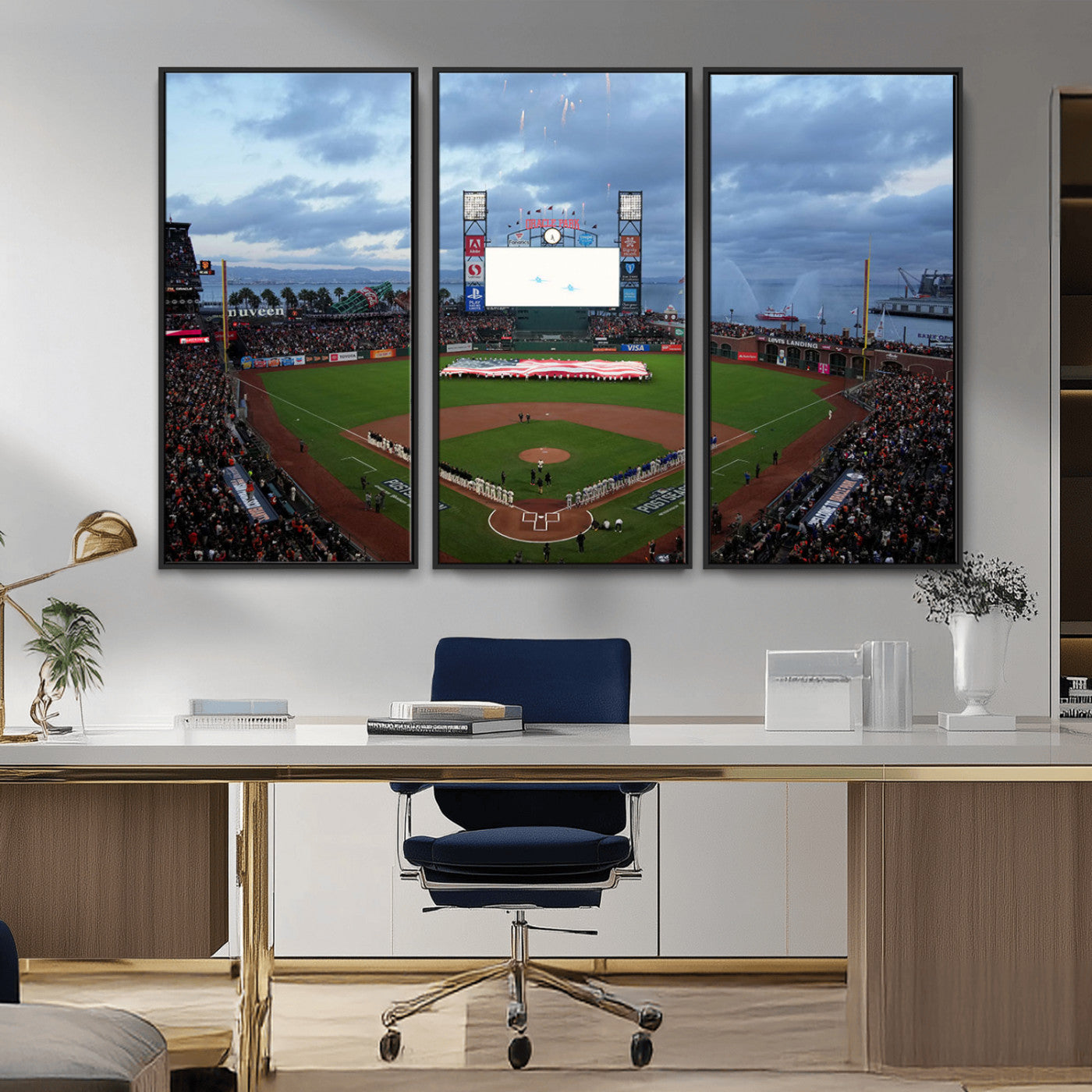 MGV-FC-48X32-3P - Oracle Park San Francisco Giants Wall Art | 3-Panel Canvas Print of Oracle Park Stadium | Large Framed Baseball Wall Decor | Ready-to-Hang MLB Canvas Print
