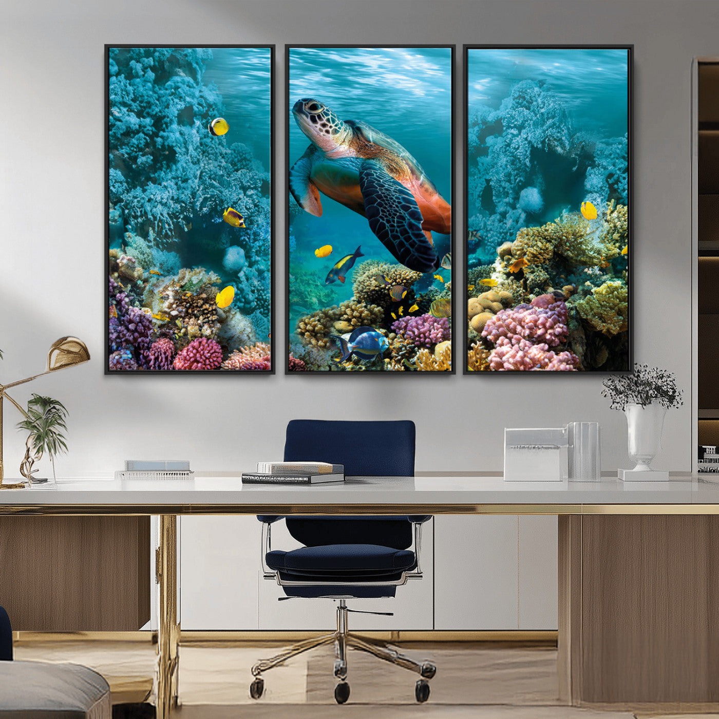MGV-FC-48X32-3P - Sea Turtle and Coral Reef Triptych Wall Art – Vibrant Underwater Scene Canvas Set for Ocean Lovers and Coastal Decor – Ready to Hang 3-Panel Artwork