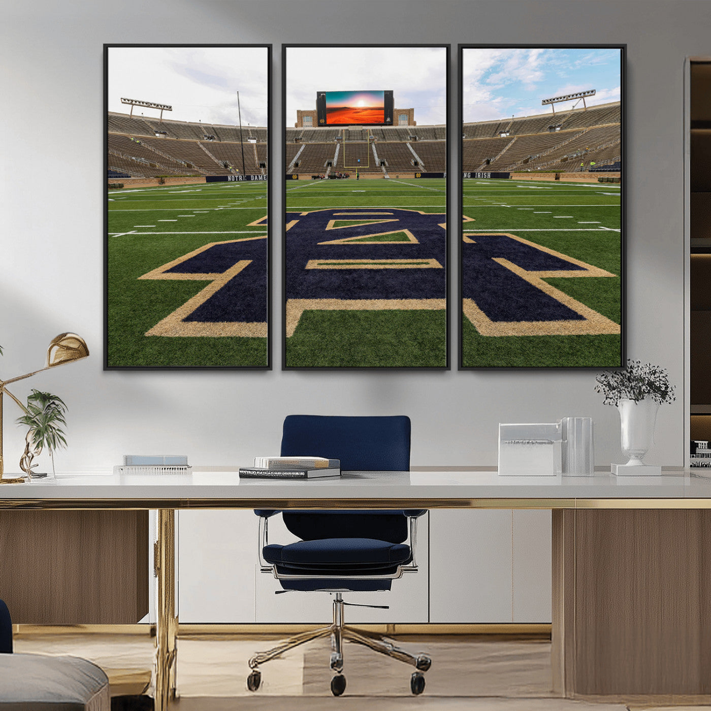 MGV-FC-48X32-3P - Notre Dame Stadium Giclee Canvas Print | Triptych Wall Art Featuring Iconic Notre Dame Football Field | Ready-to-Hang Sports Stadium Decor
