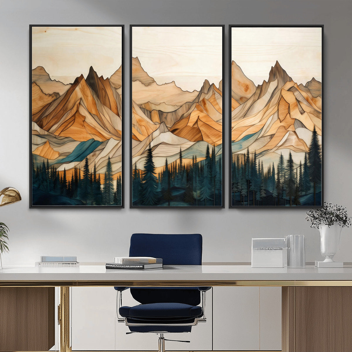 31576-MGV-CV-36X24 - Geometric Wood Mountain Landscape Wall Art Canvas Print, Rustic Forest Painting Print