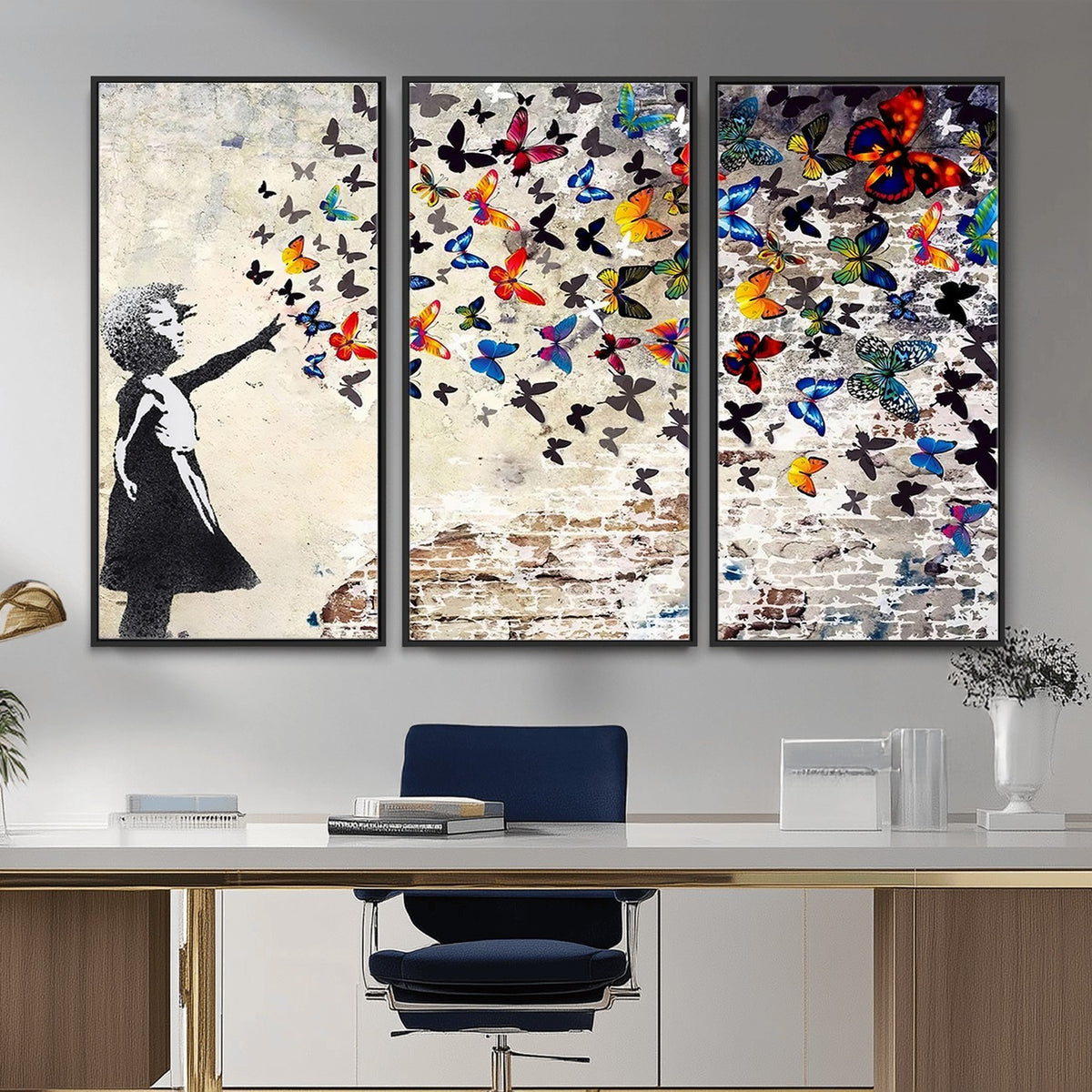 97895-MGV-CV-24X16 - Banksy Graffiti Wall Art Canvas Print, Girl Releasing Vibrant Butterflies