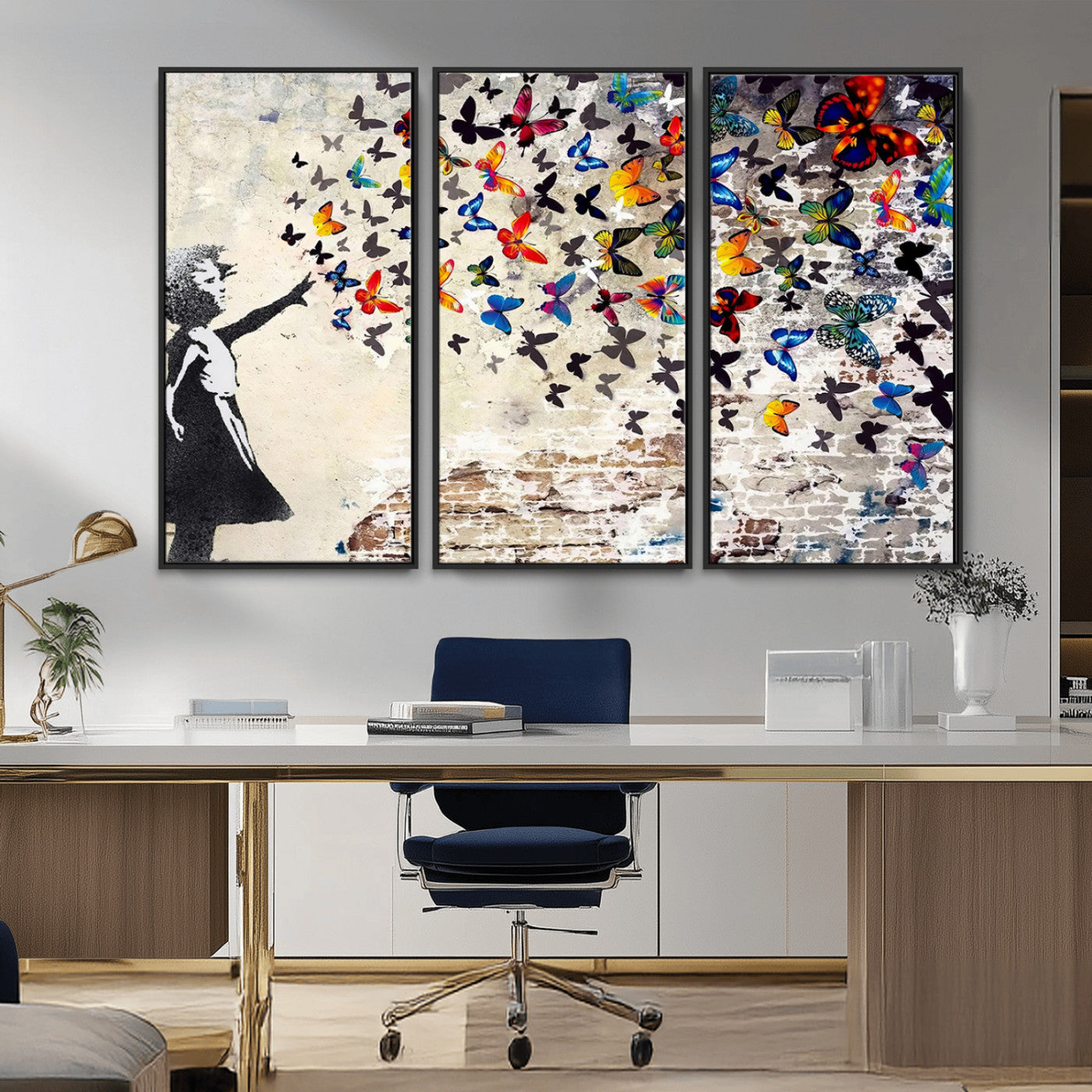 MGV-FC-48X32-3P - Banksy Graffiti Wall Art Canvas Print: Girl Releasing Vibrant Butterflies – Ready to Hang