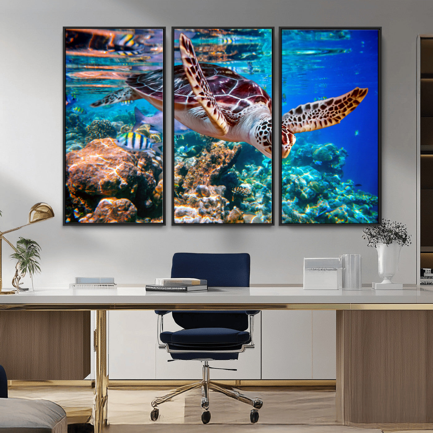 MGV-FC-48X32-3P - Underwater Coral Reef Sea Turtle Wall Art Canvas Print, Vibrant Marine Life | Colorful Ocean Scene