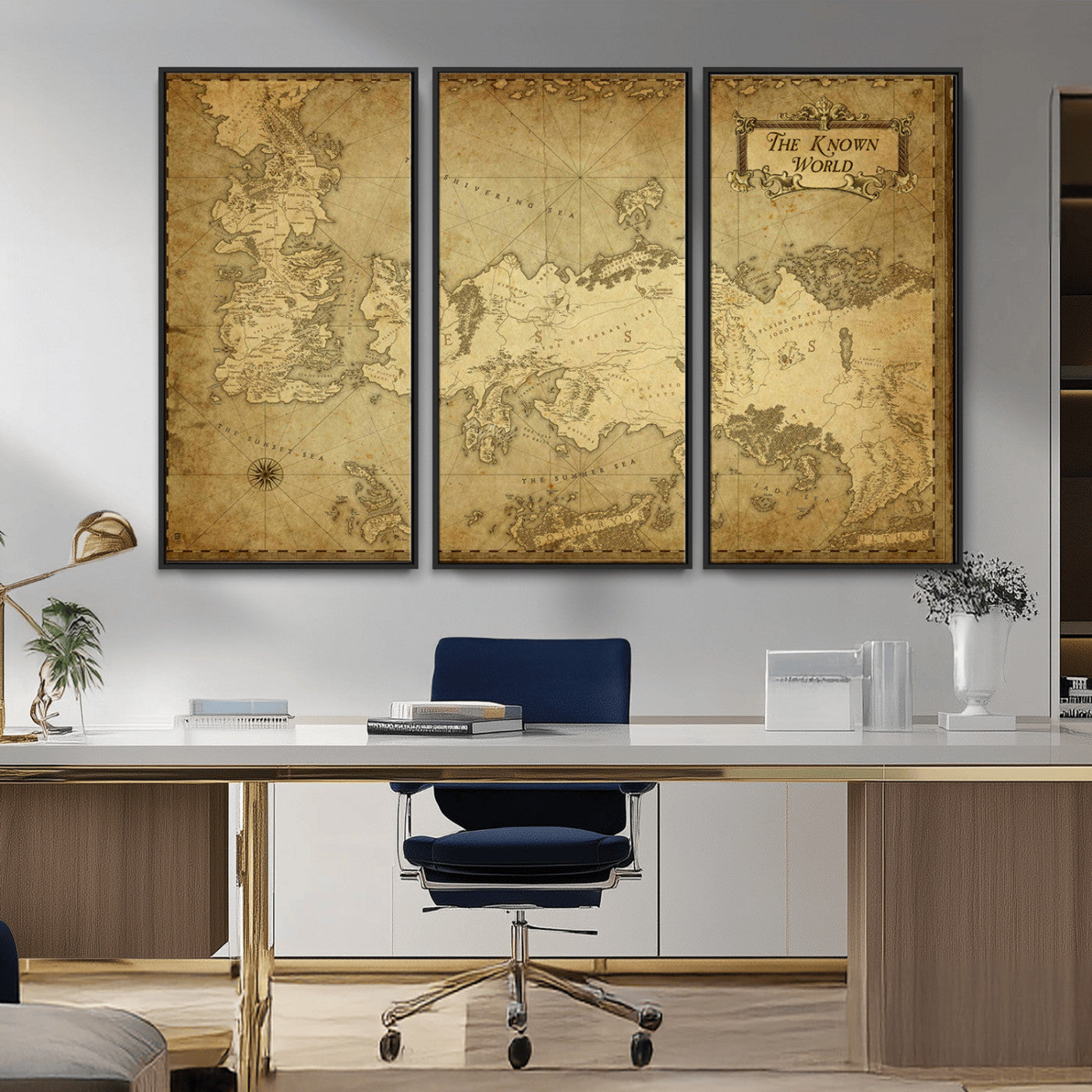 MGV-FC-48X32-3P - Vintage Game of Thrones Map Wall Art | Westeros and Essos Antique Style Print | The Known World in Triptych Canvas | Giclee Canvas for Fantasy Lovers