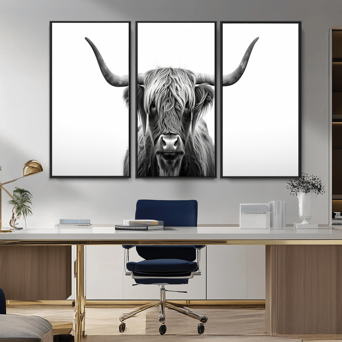 MGV-FC-48X32-3P - Highland Wall Art Canvas Print – Minimalist Black and White Farmhouse Décor, Ready to Hang