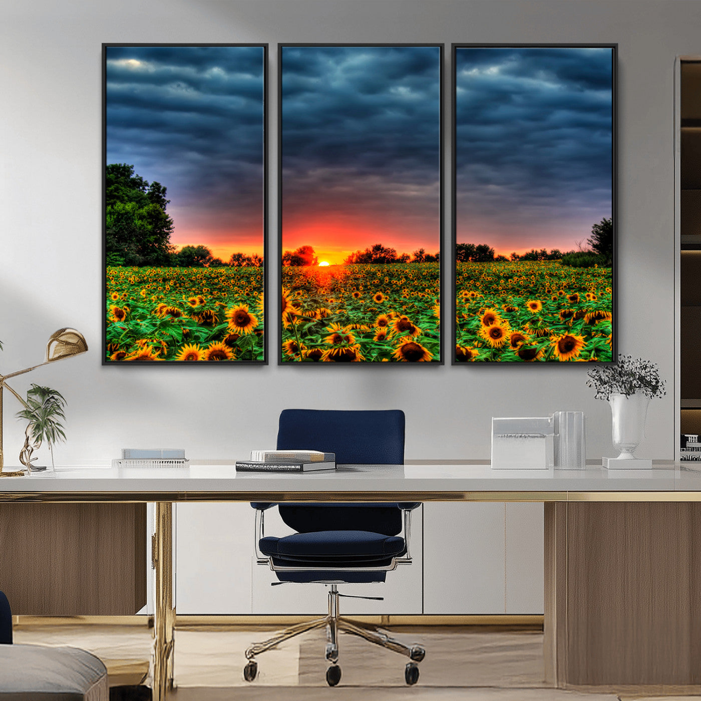 MGV-FC-48X32-3P - Golden Sunflower Field at Sunset – Breathtaking Sky and Vibrant Flowers, Ready to Hang Wall Art