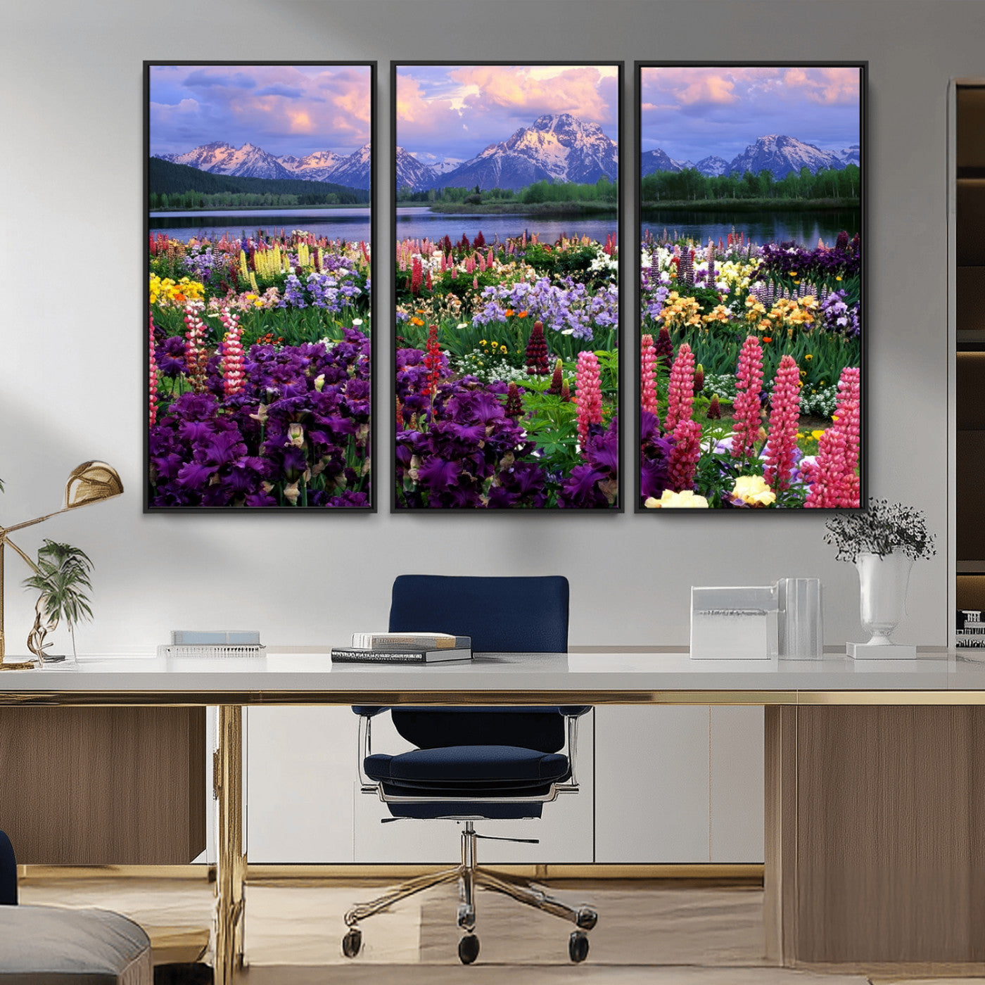MGV-FC-48X32-3P - Vibrant Wildflower Garden and Mountain View Giclee Canvas Print | Floral Wall Art for Living Room