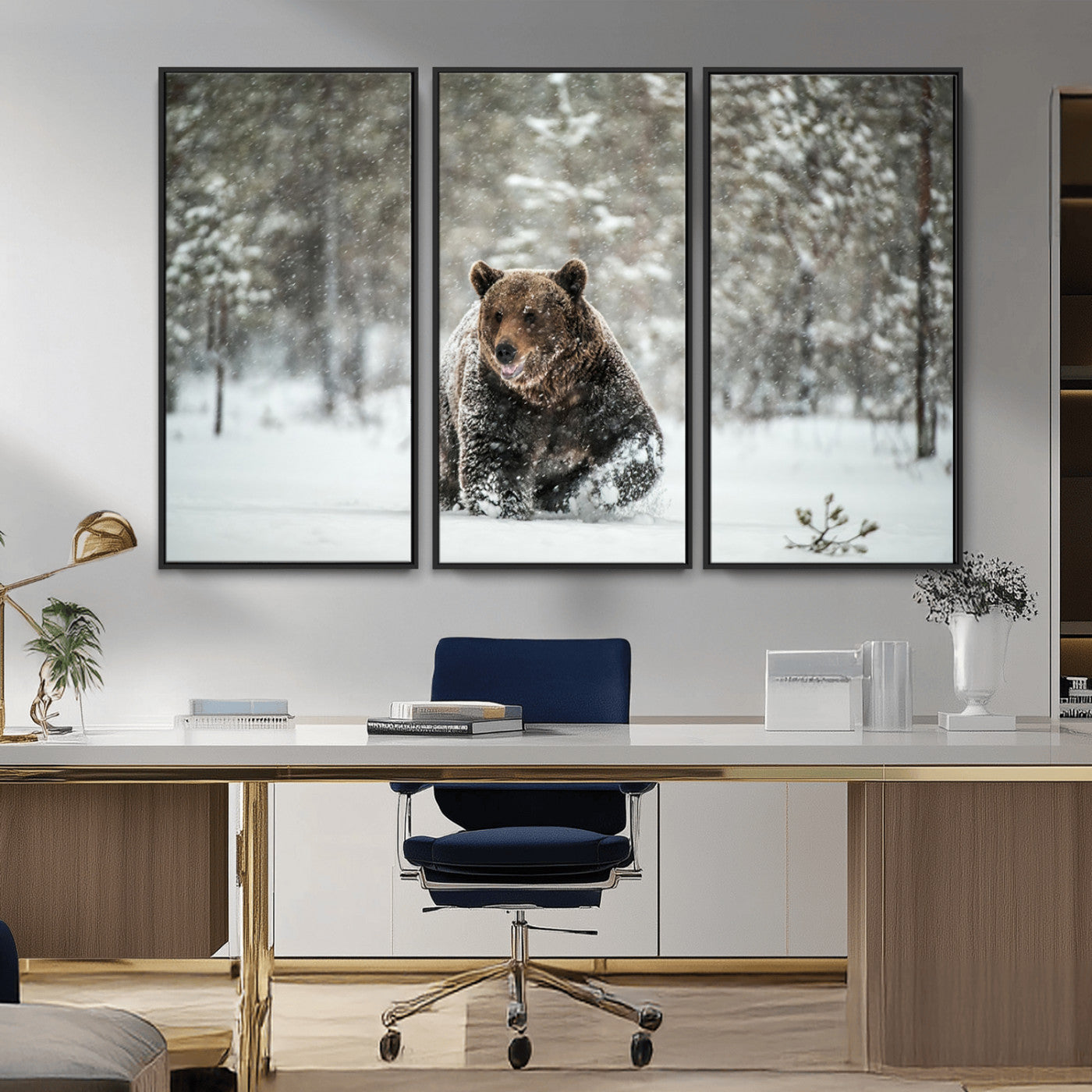 MGV-FC-48X32-3P - Wall Art Canvas Print – Grizzly Bear in Snowy Forest Powerful Presence Snowy Wilderness Wild Beauty