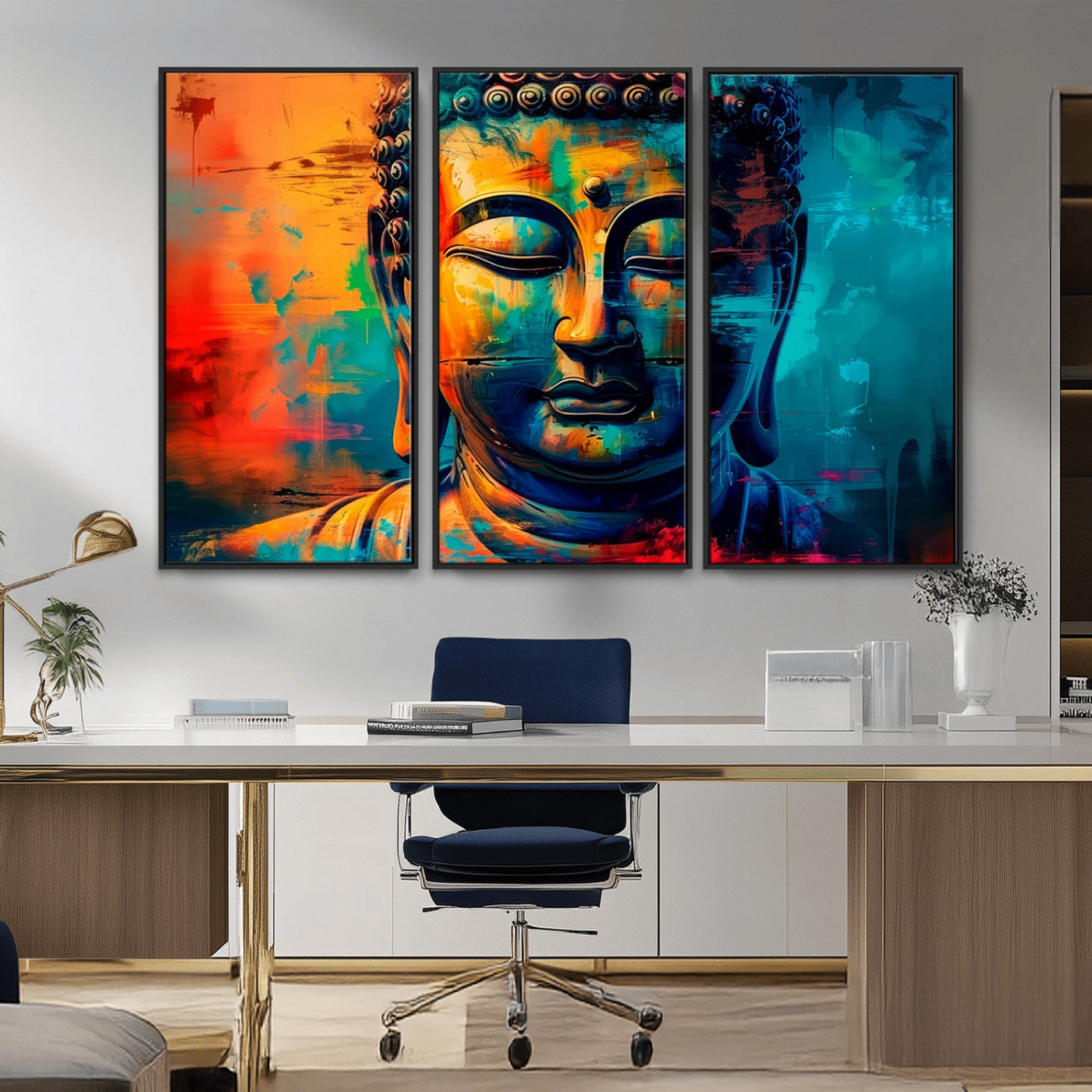 A vibrant, abstract artistic rendition of a Buddha statue face, blending bold and contrasting colors to evoke a sense of peace, spirituality, and enlightenment.