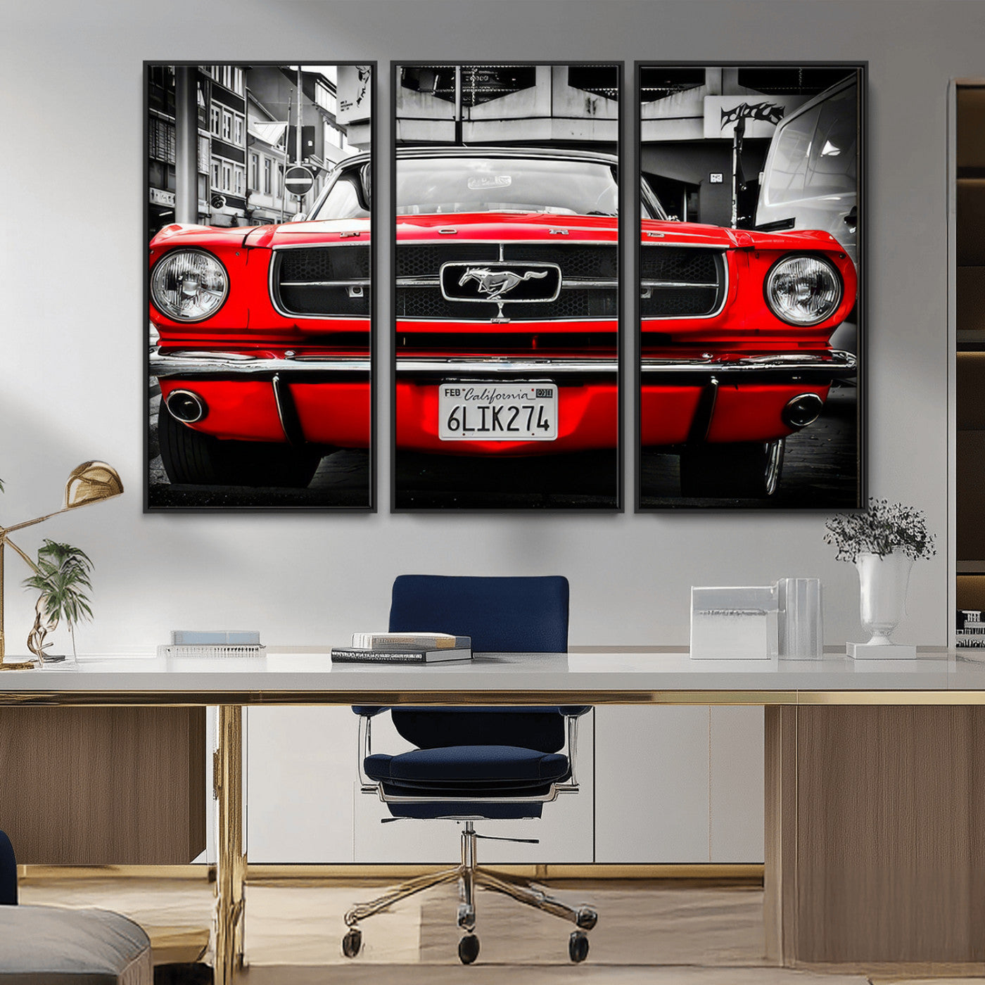 Front view of a bold red 1960s Ford Mustang parked in an urban environment, captured in dramatic contrast with a black-and-white city backdrop, emphasizing its timeless American muscle car identity.