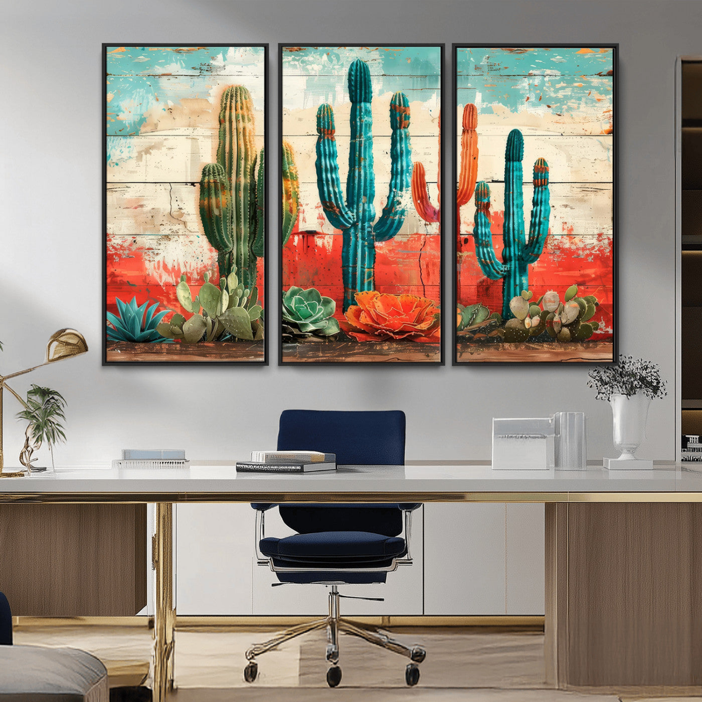 A vivid southwestern-style artwork featuring an eclectic mix of cacti and succulents painted against a textured, rustic wood backdrop in rich turquoise, red, and orange hues.