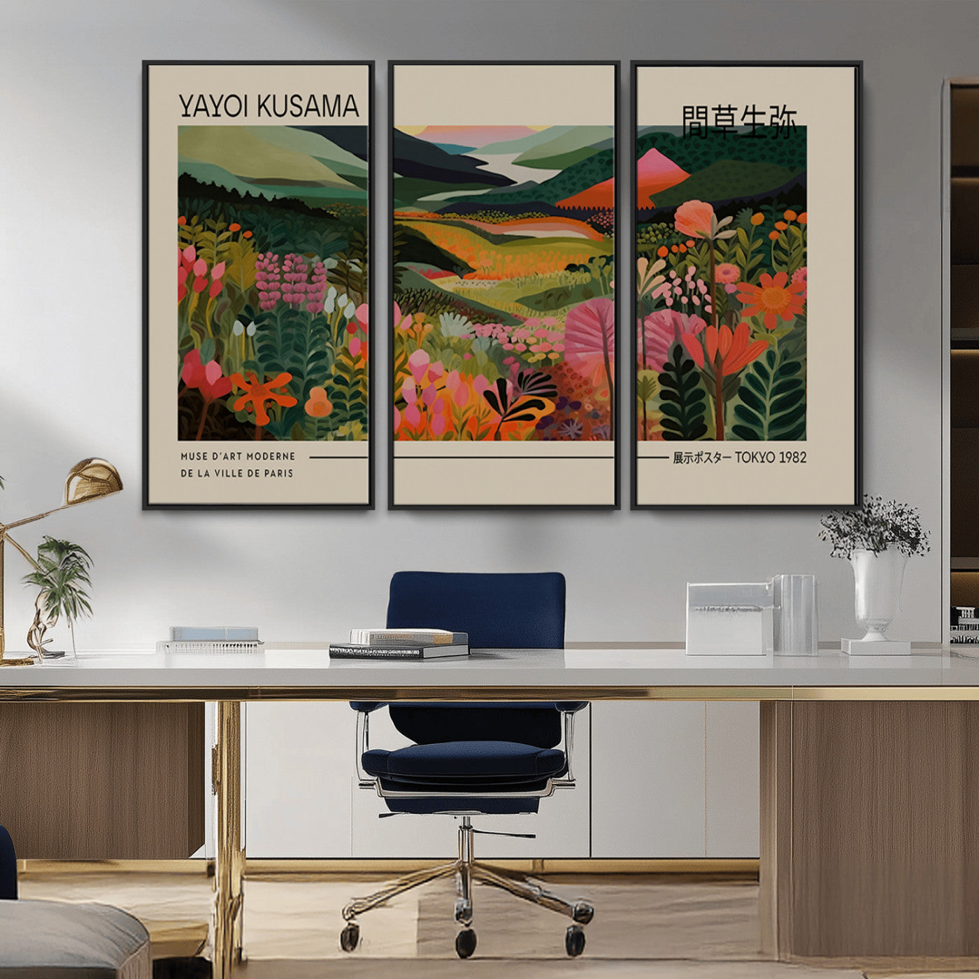 MGV-FC-48X32-3P - Yayoi Kusama Landscape Canvas Print, Vibrant Floral Mountain Art Print, Botanical Flower Nature