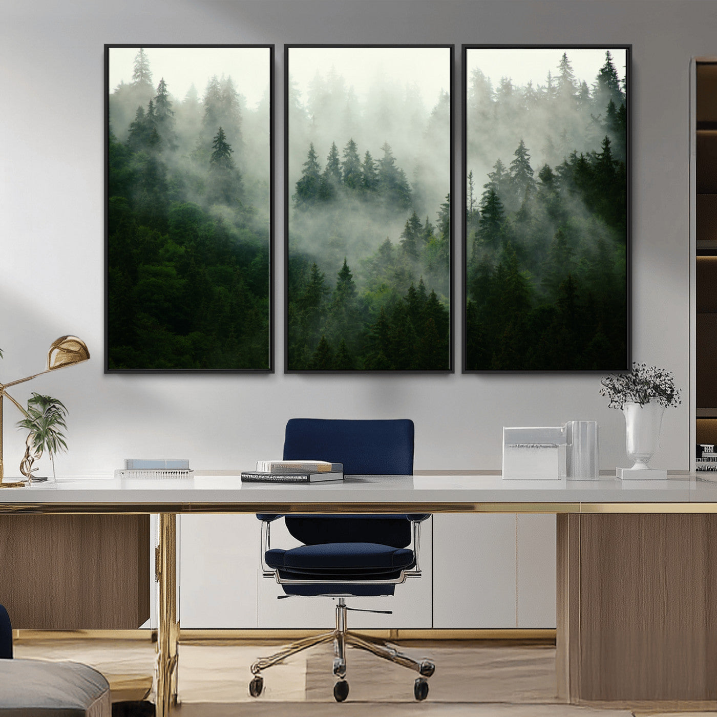 MGV-FC-48X32-3P - Misty Forest Mountain Wall Art Canvas  | Large 3-Panel Foggy Landscape Canvas Print | Nature Misty