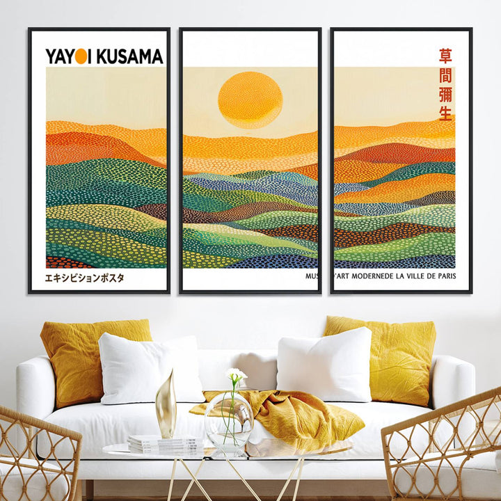 Framed Yayoi Kusama 1986 Wall Art: A vibrant abstract landscape featuring Wabi Sabi hills and a sun, created by the Japanese artist.