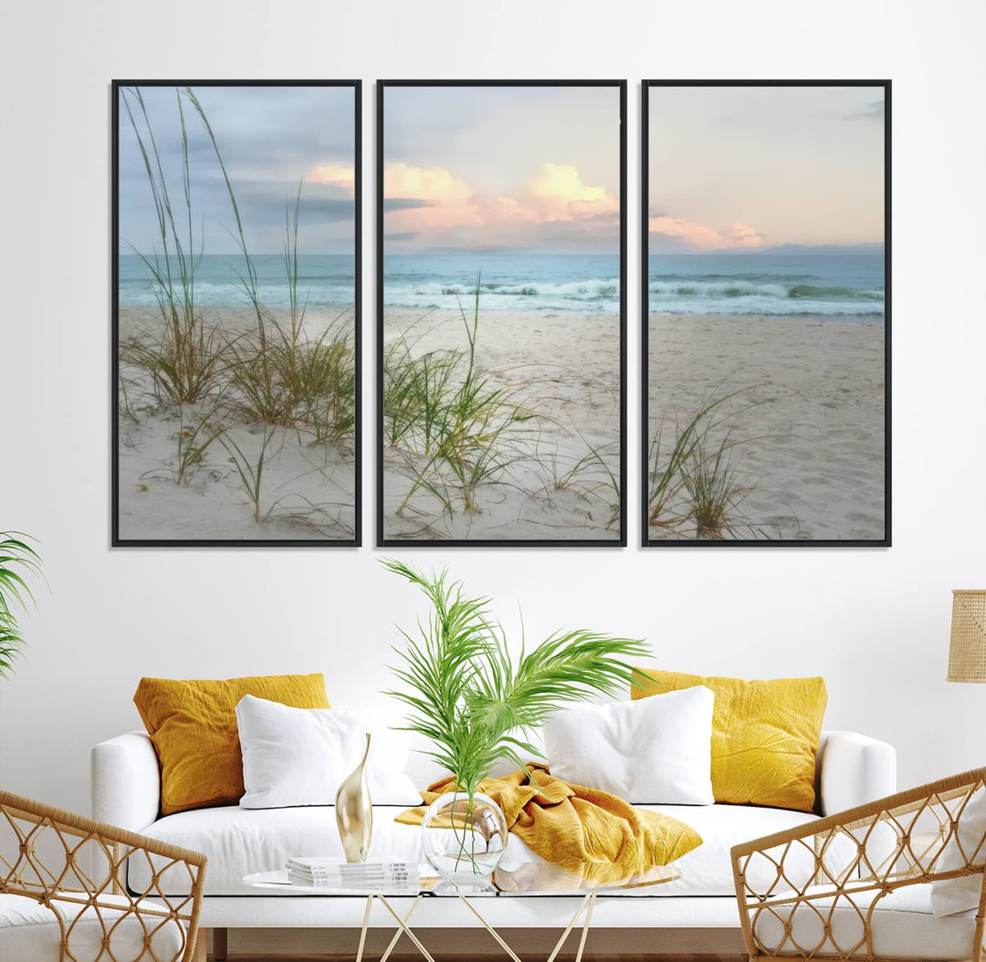 Flight Over Coastal Beach print on UV canvas displayed against white walls.