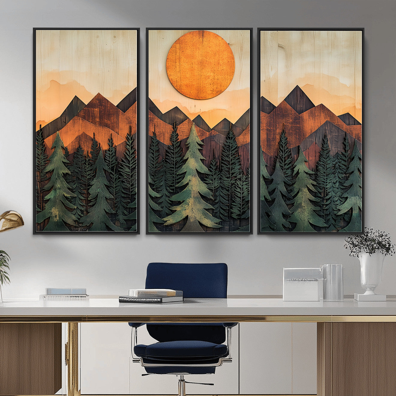 77739-MGV-CV-36X24 - Wood Style Sunset Mountain Landscape Canvas Wall Art Print - Nature Decor for Living Room, Office
