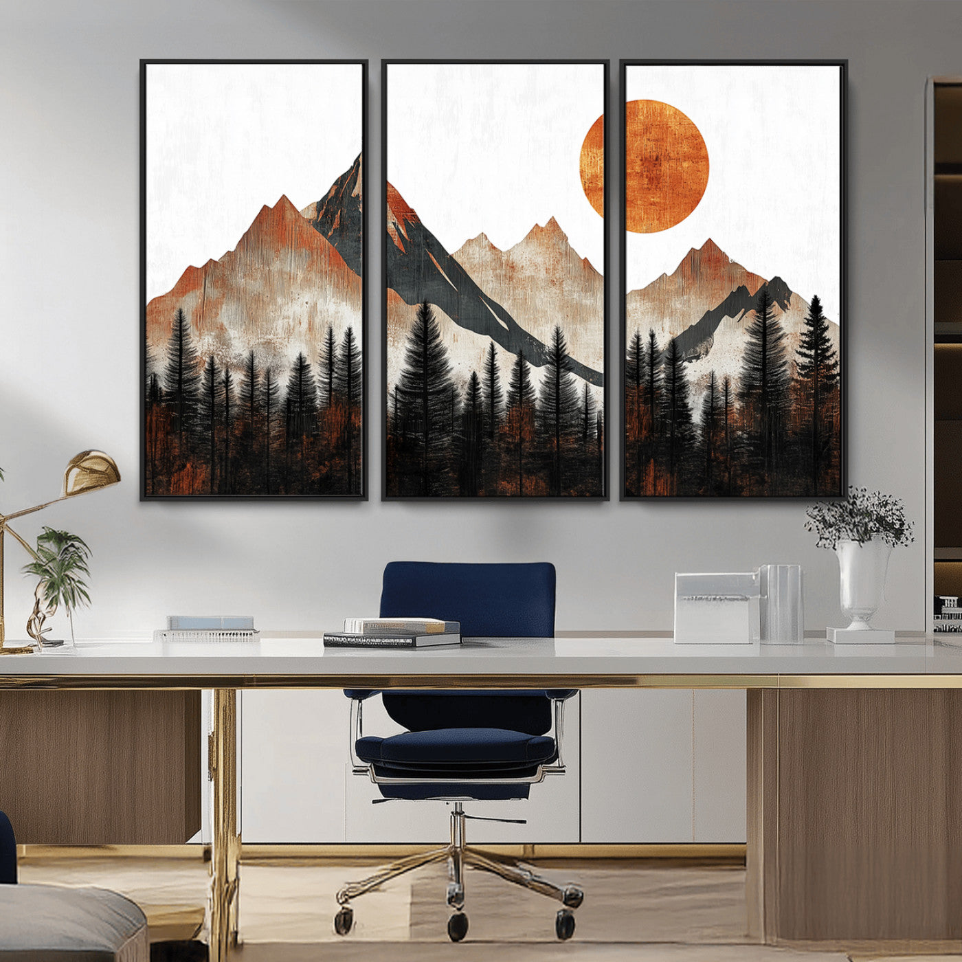 MGV-FC-48X32-3P - Modern Abstract Mountain Canvas Wall Art Print, Abstract Landscape Print, Rustic Sun and Mountains