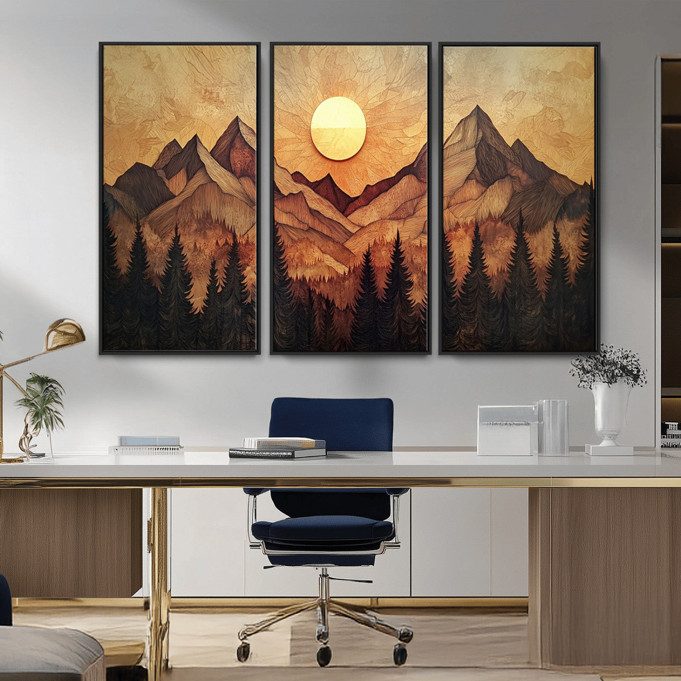 MGV-FC-48X32-3P - Wood Style Abstract Mountain Sunset Canvas Wall Art Print - Warm Earth Nature-Inspired Decor for