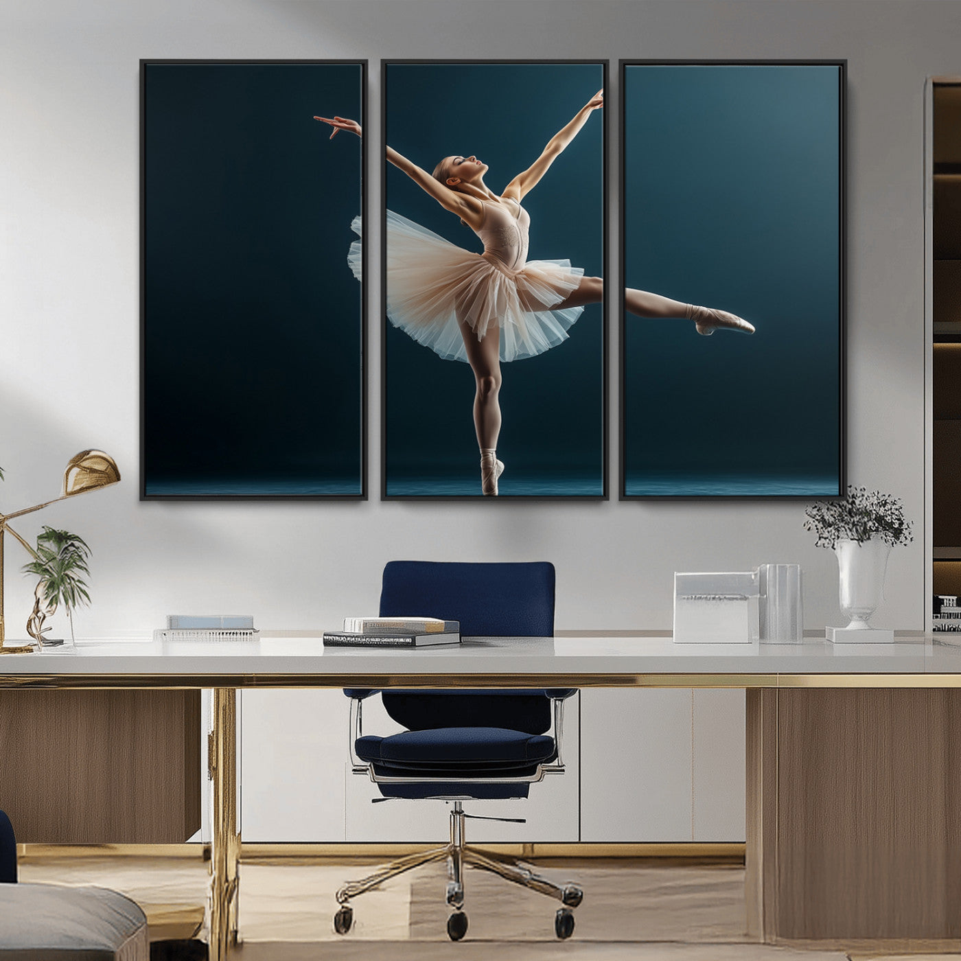 An elegant ballerina captured mid-pose on pointe, radiating grace and strength in a perfectly lit studio setting, her tutu fanned out in delicate symmetry.