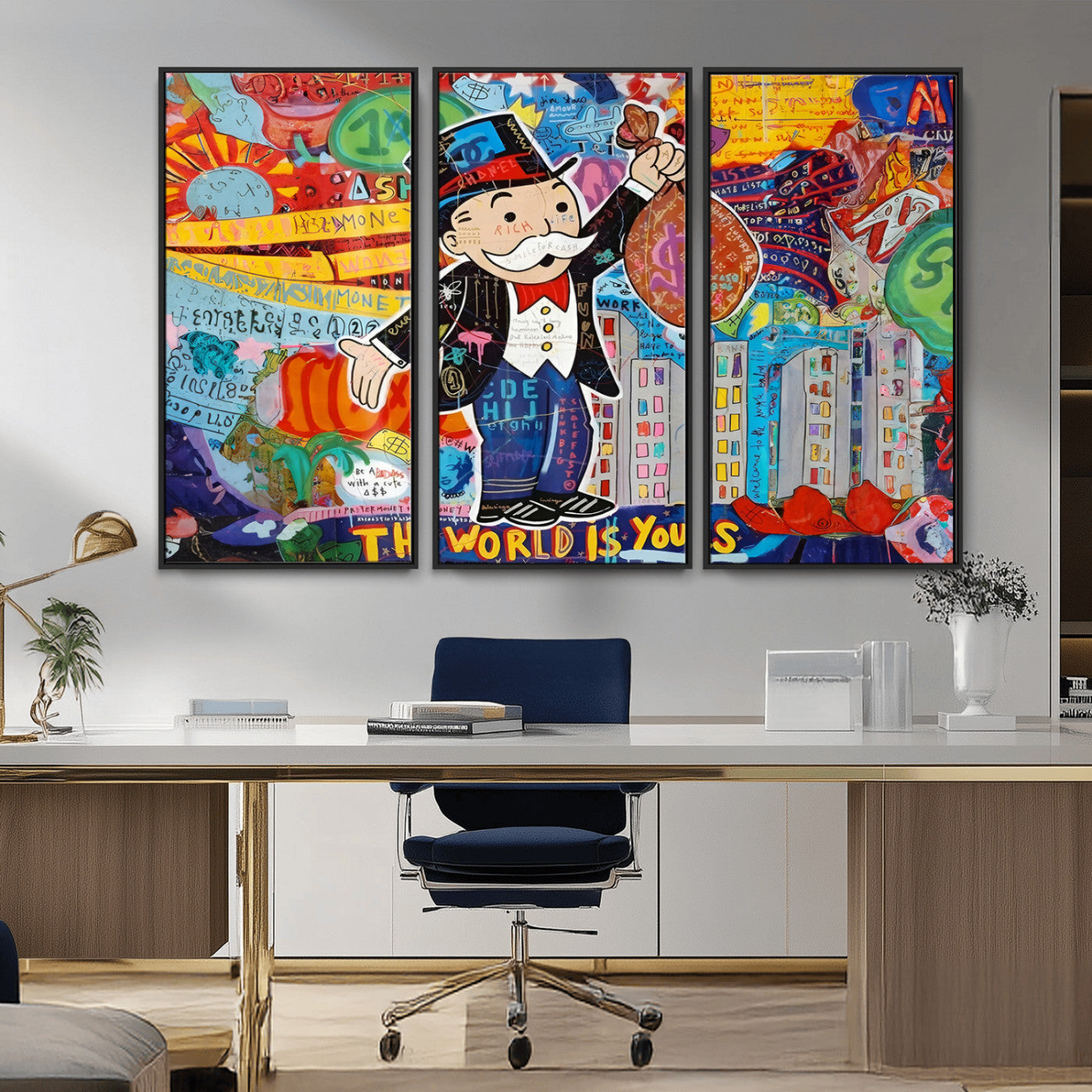 MGV-FC-48X32-3P - Pop Art Monopoly Man Canvas Wall Art Print - Bold and Colorful Street Art-Inspired Decor for Living