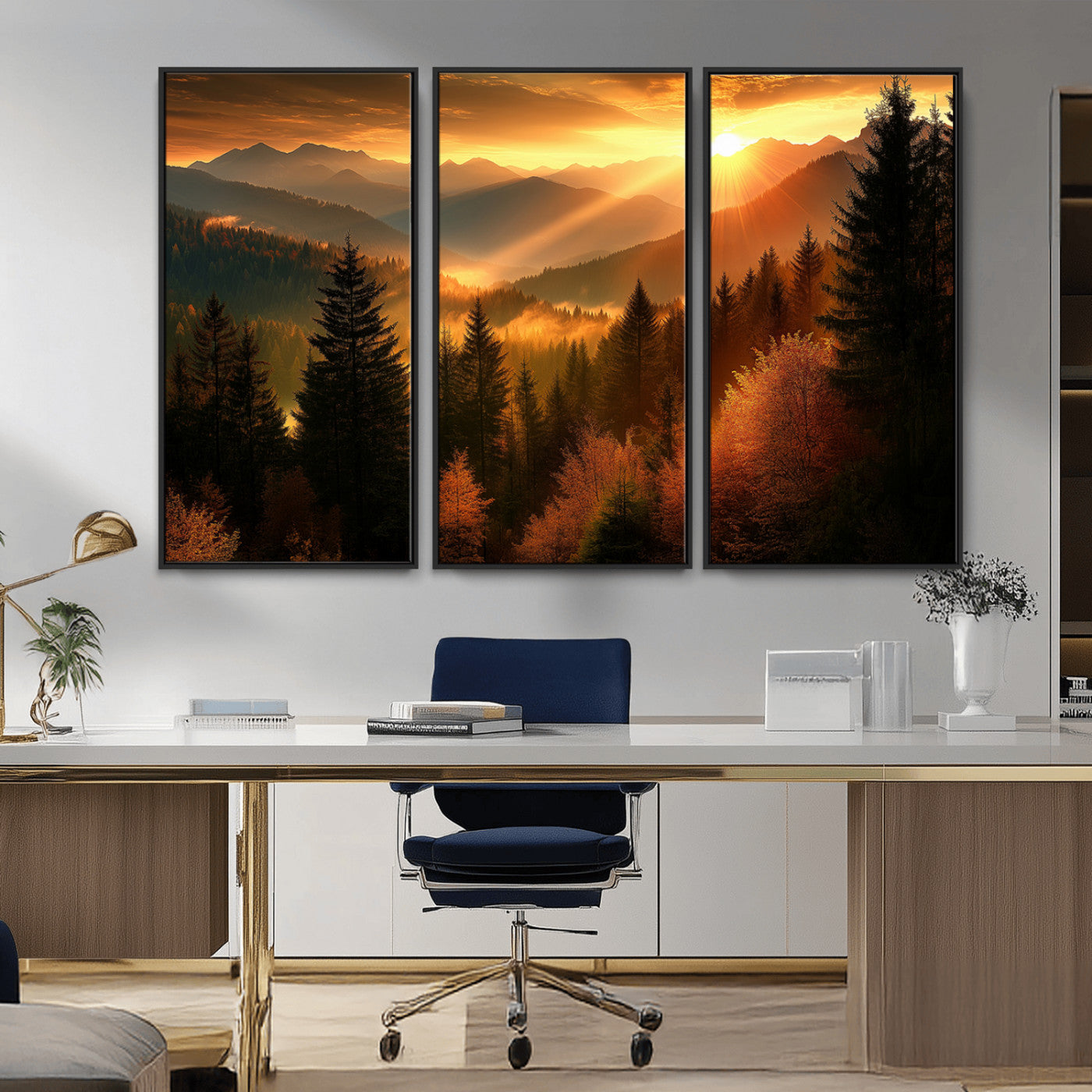 MGV-FC-48X32-3P - Golden Sunset Over Mountain Forest Canvas Wall Art Print - Warm Nature Landscape Print