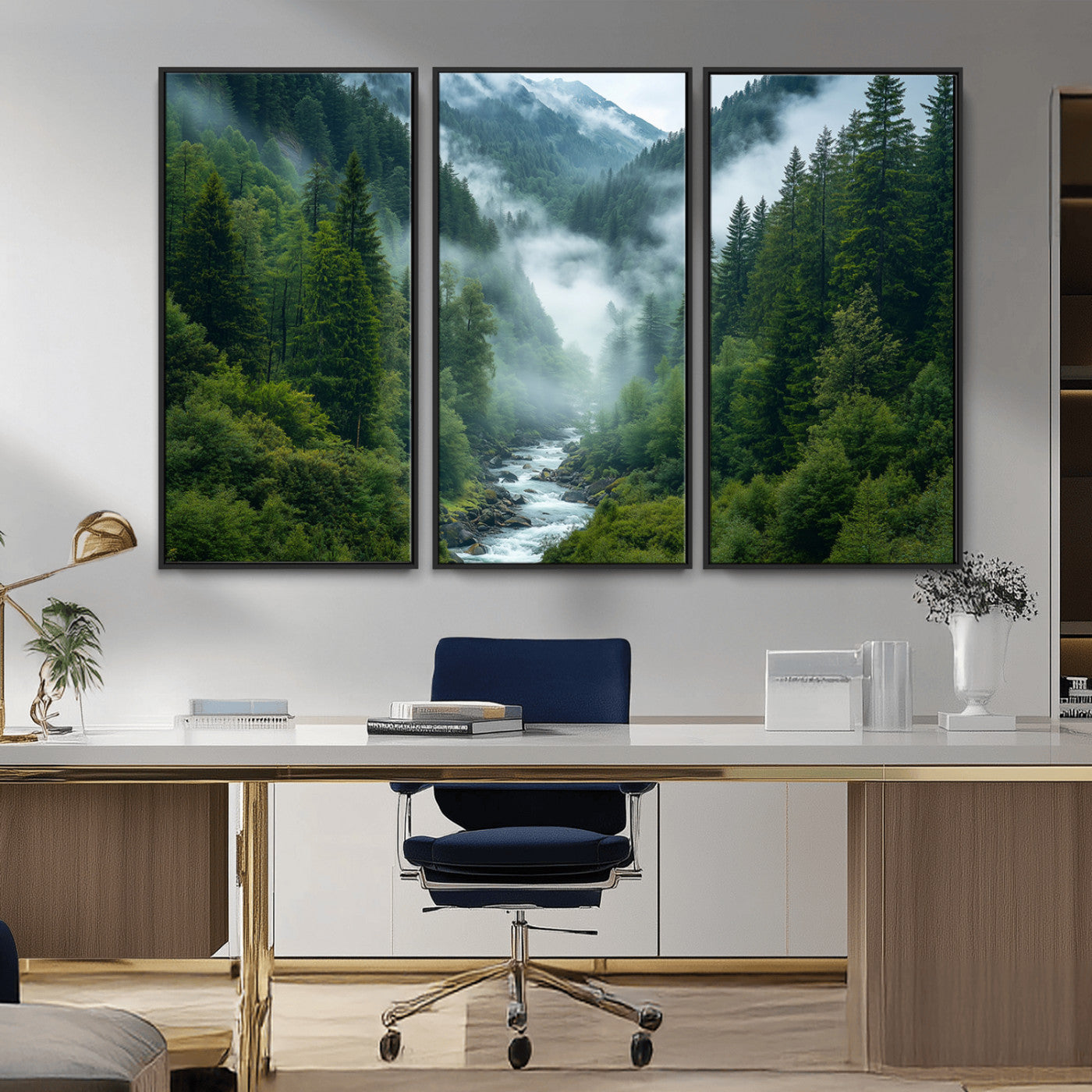 MGV-FC-48X32-3P - Mountain Forest River Canvas Wall Art Print - Serene Nature Landscape for Living Room, Office, or