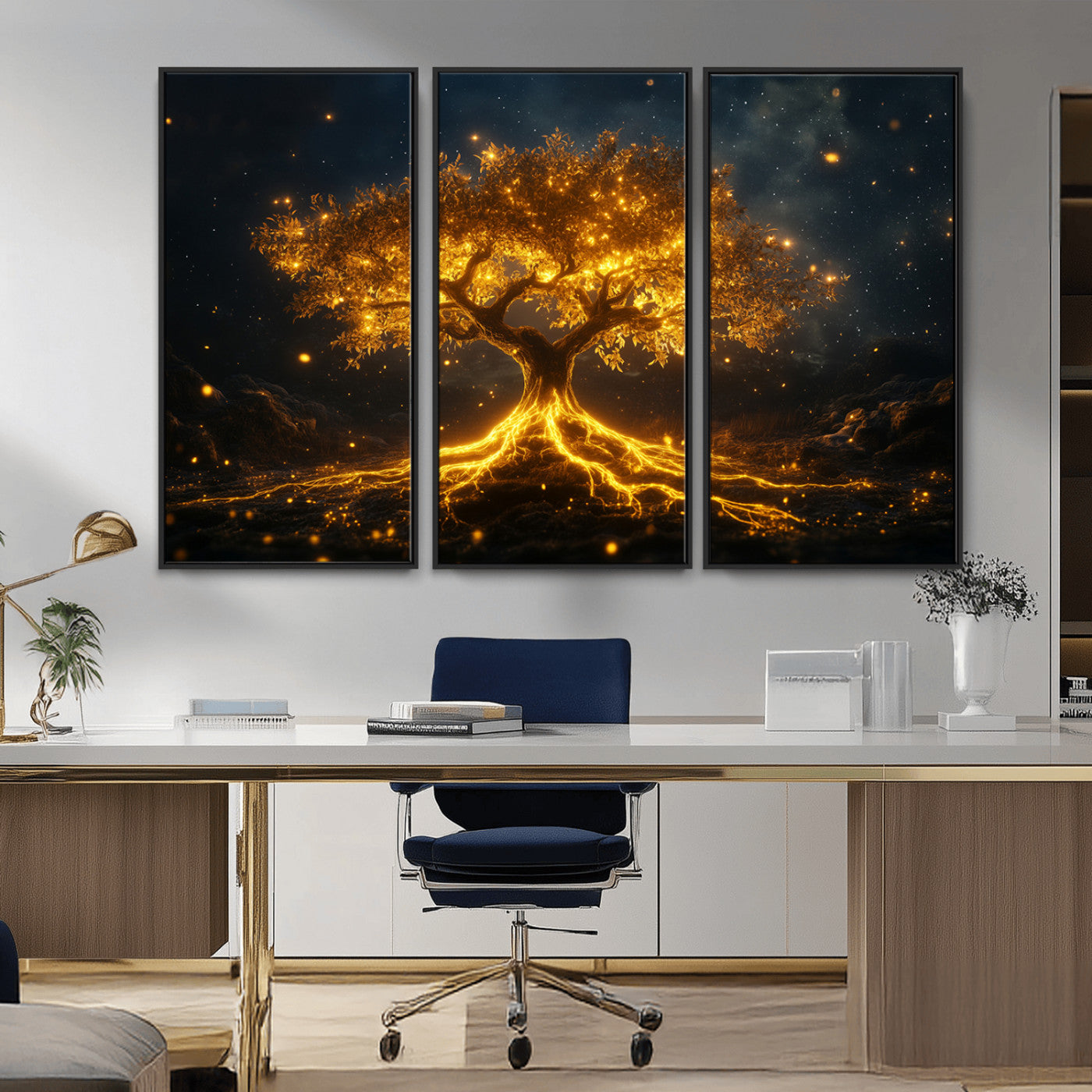 MGV-FC-48X32-3P - Golden Tree of Life Canvas Wall Art Print - Majestic Glowing Tree Design for Living Room, Office, or