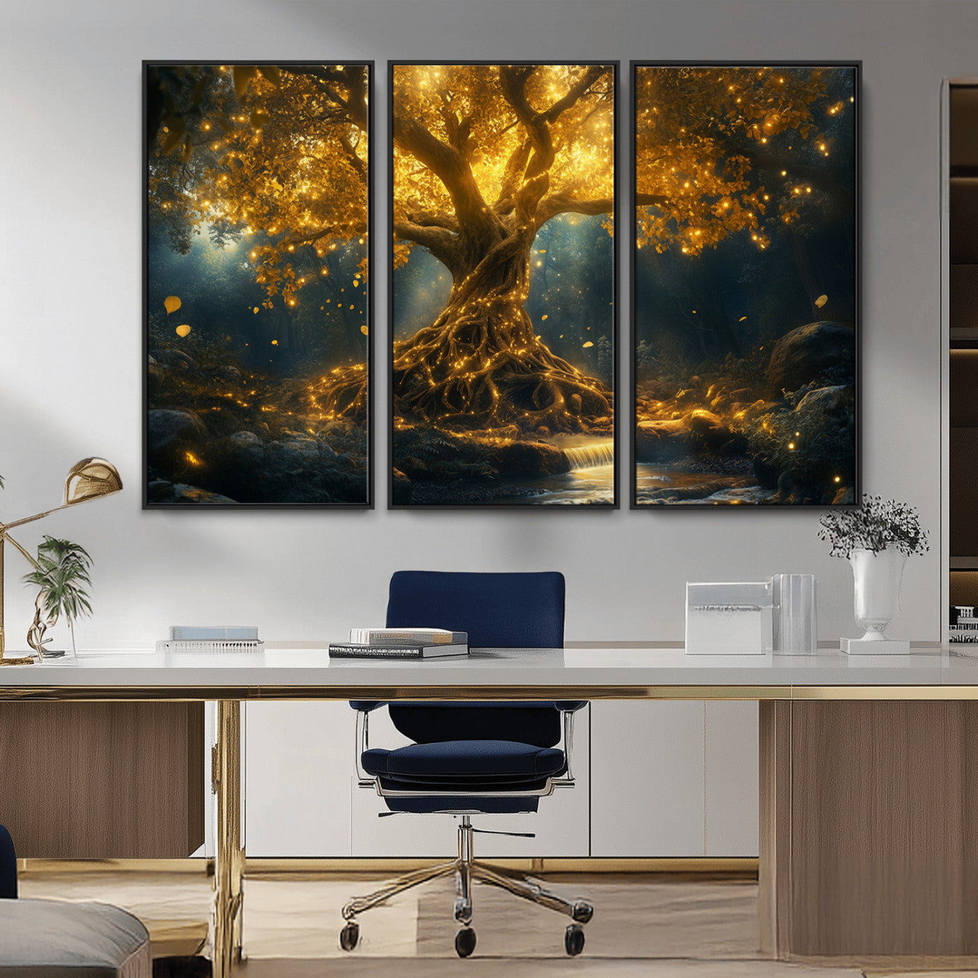 MGV-FC-48X32-3P - Golden Tree of Life Canvas Wall Art Print - Majestic Glowing Tree Wall Art Print