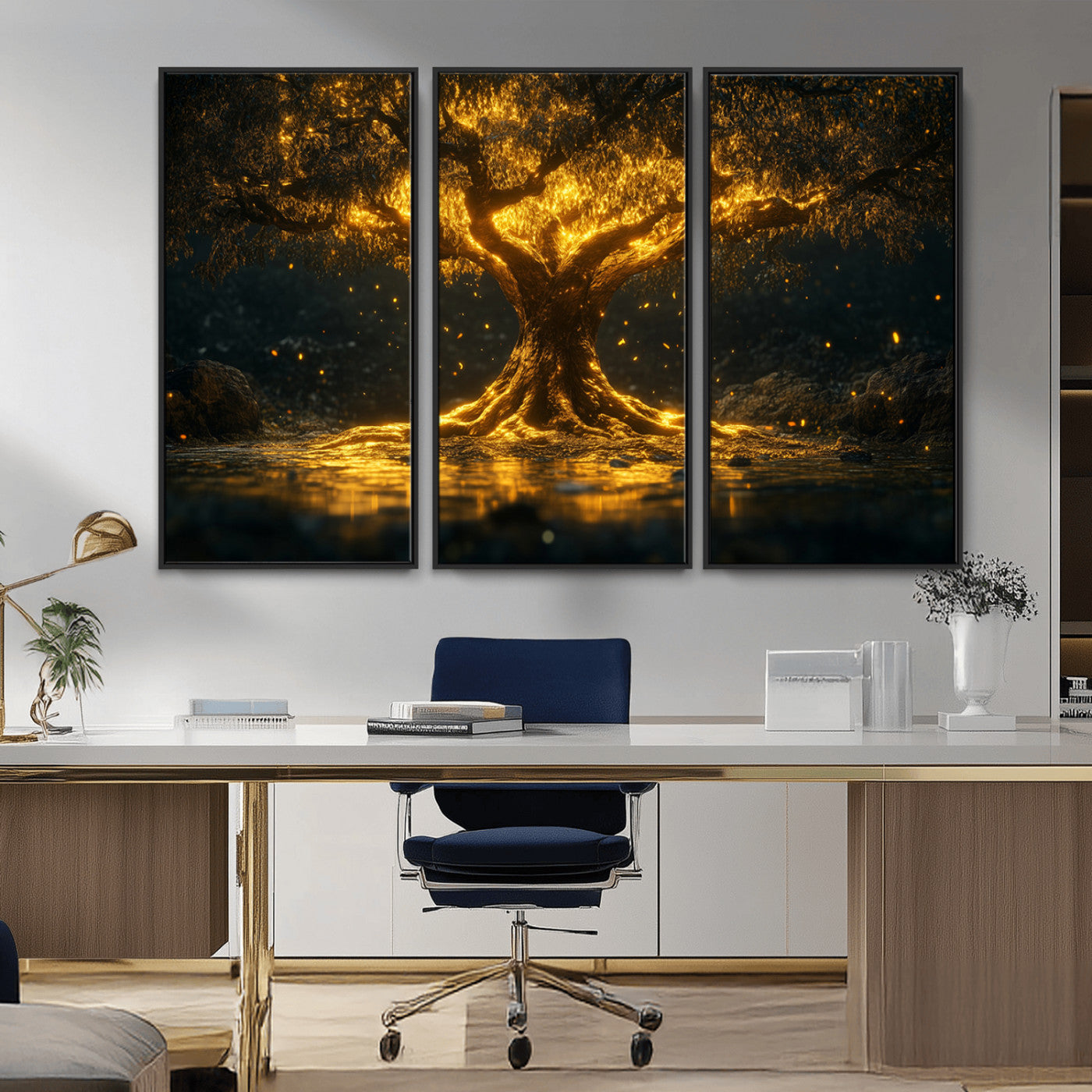 MGV-FC-48X32-3P - Golden Tree of Life Canvas Wall Art Print - Majestic Glowing Tree Wall Art Print