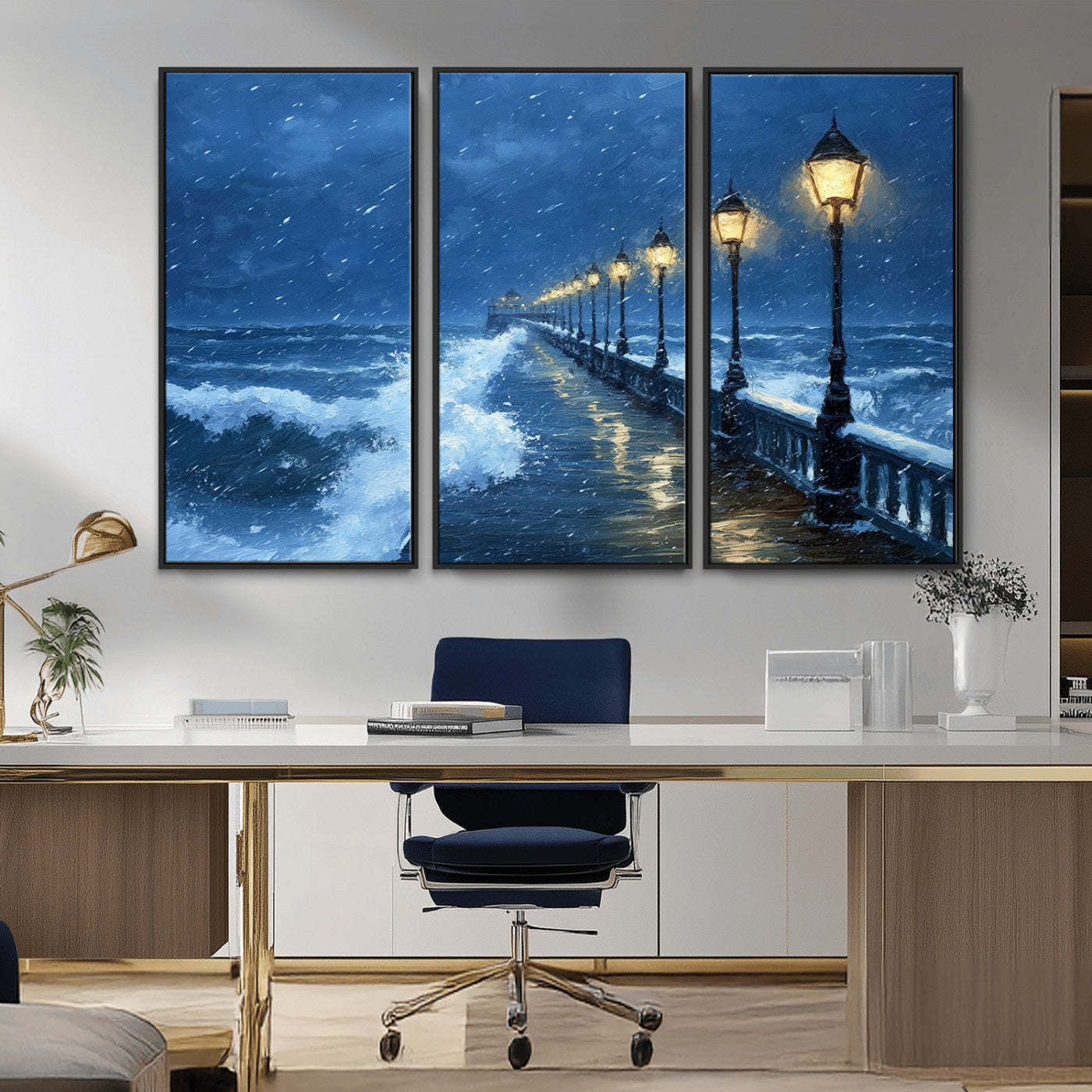 MGV-FC-48X32-3P - Stormy Ocean Pier Lights Canvas Wall Art Print - Large Moody Night Scene for Living Room, or Office,
