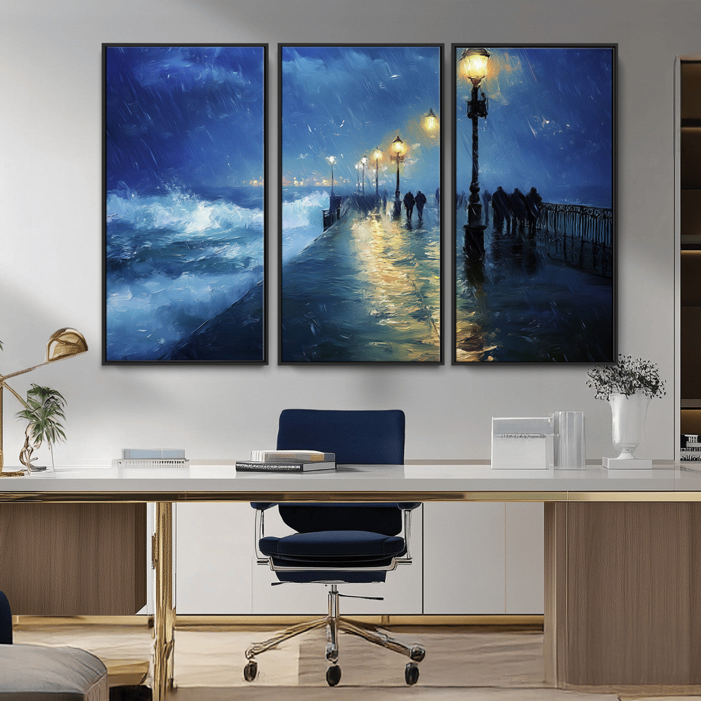 MGV-FC-48X32-3P - Abstract Stormy Ocean Pier Canvas Wall Art Print | Stormy Ocean Art | Large Moody Night Scene Print,