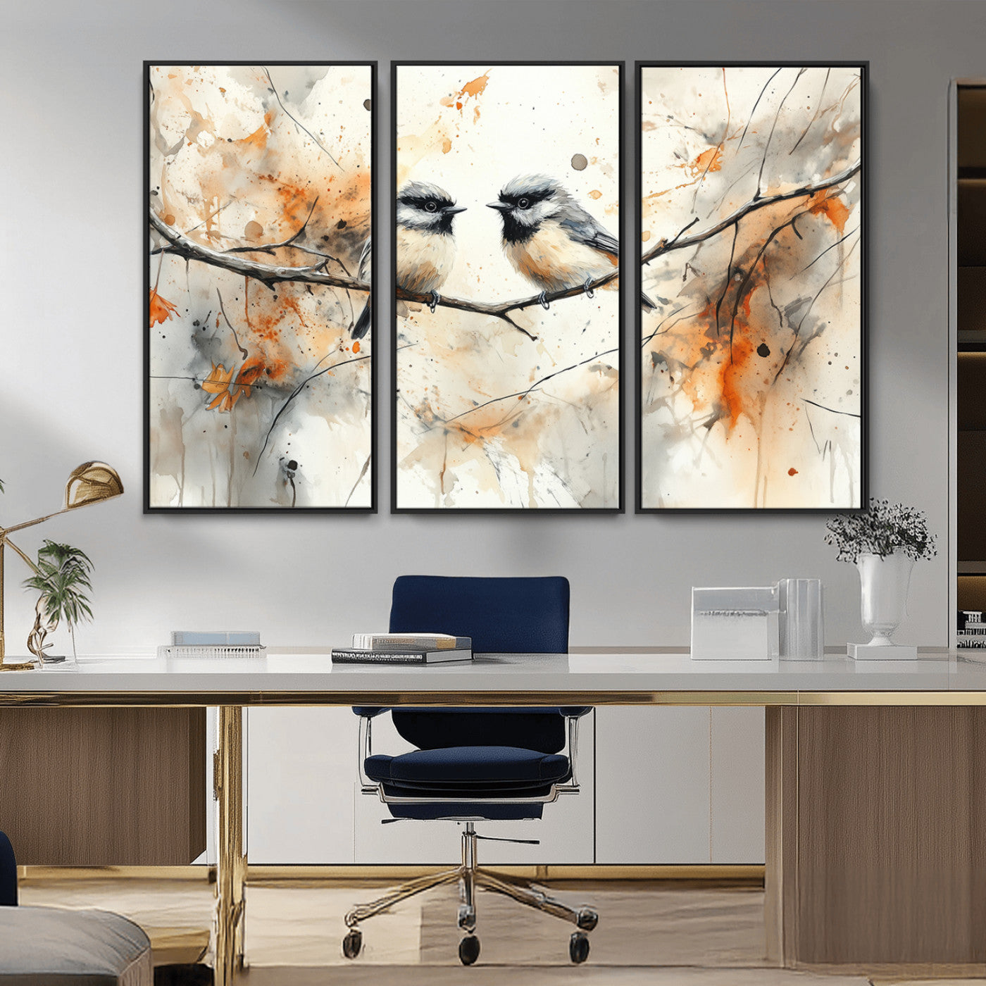 A soft and elegant watercolor painting of two chickadees perched on a delicate branch, surrounded by splashes of orange and neutral tones evoking a calm autumn day.