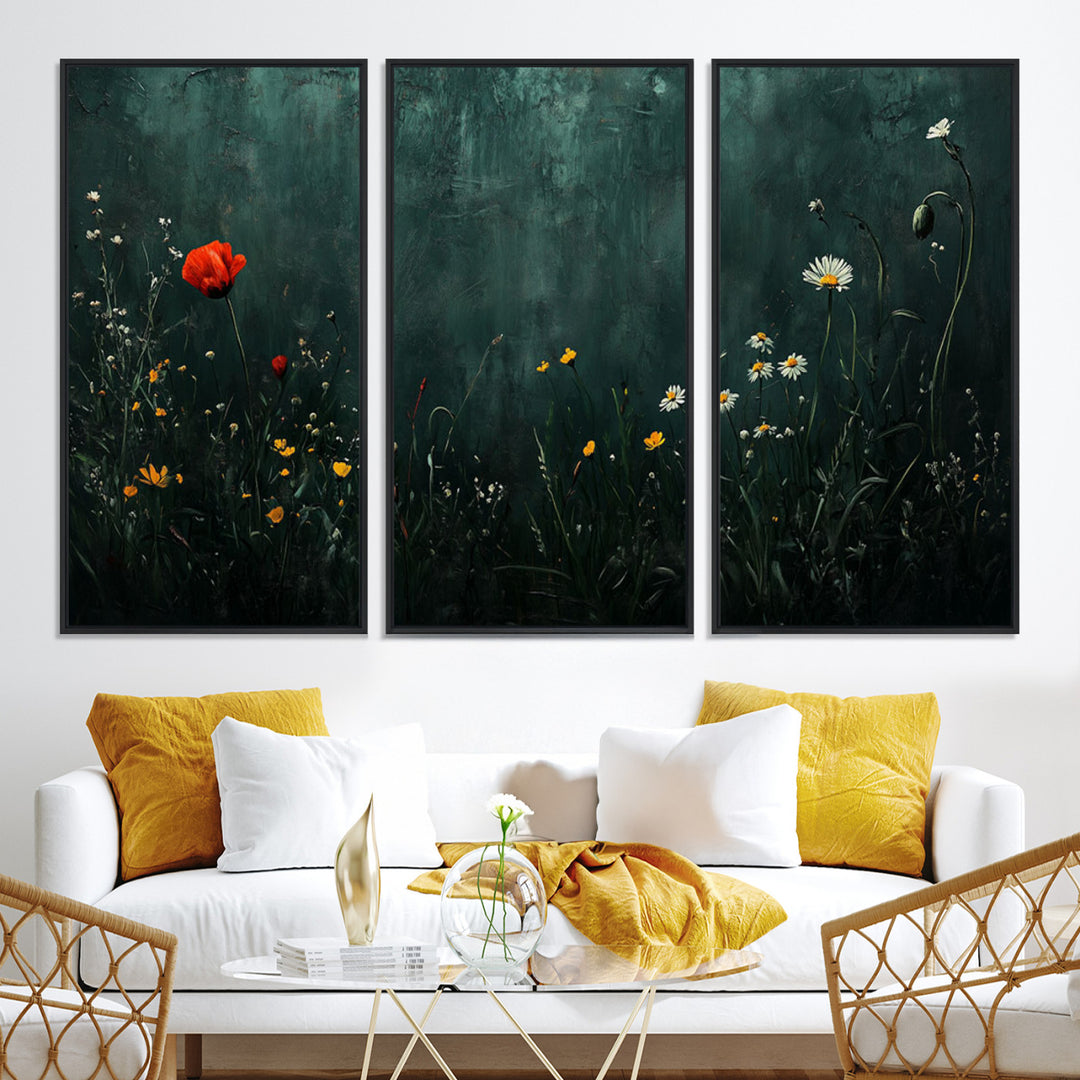 Wildflower Field Framed Wall Art, Vintage Botanical Landscape Sign, Botanical Wall Art, Modern Farmhouse Canvas Art, Field Of Flowers Canvas Print