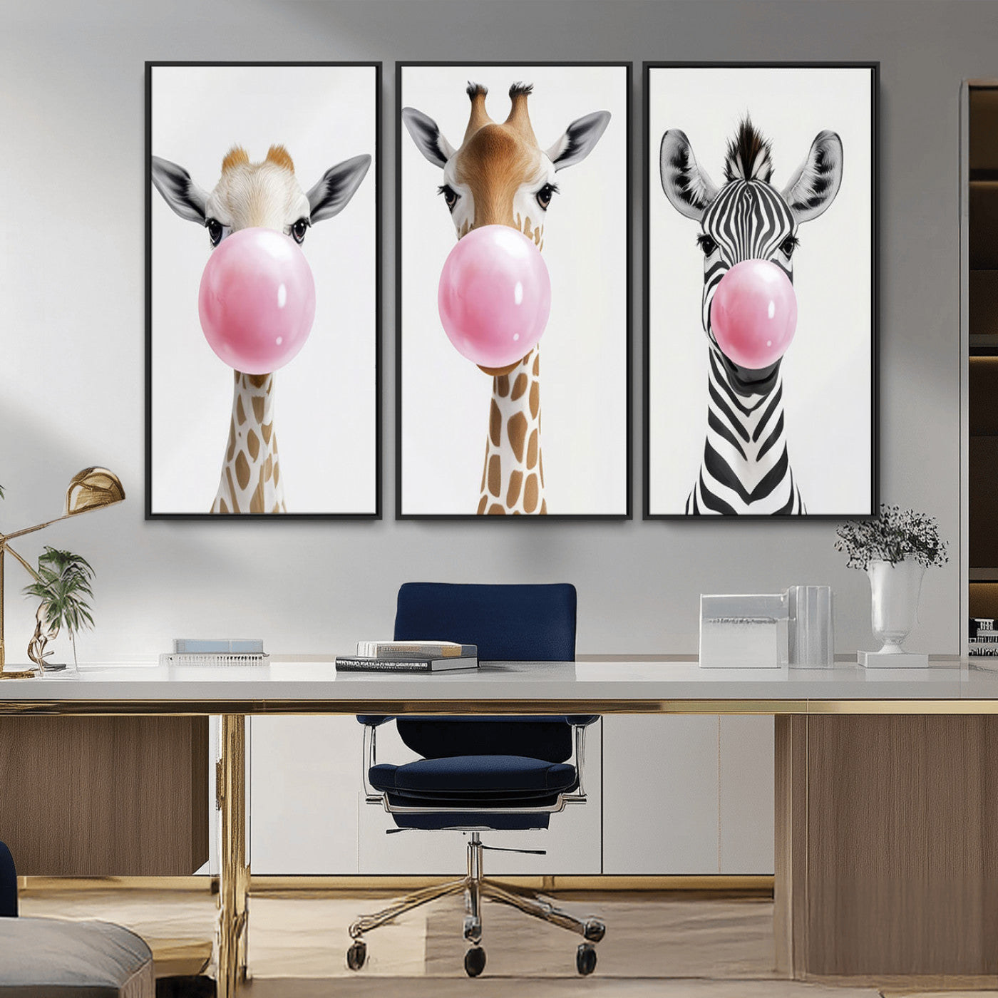 MGV-FC-48X32-3P - Bubblegum Animals Canvas Wall Art - Playful Giraffe and Zebra Trio, Fun Nursery Decor for Kids'