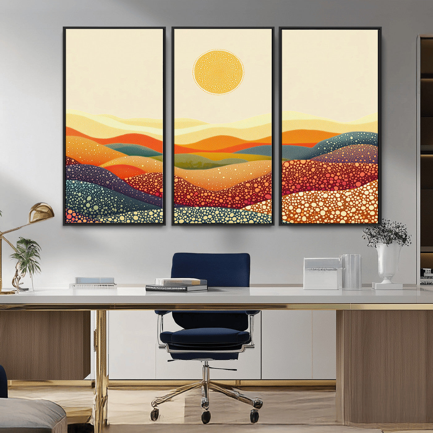 MGV-FC-48X32-3P - YAYOI KUSAMA Colorful Dot Art Landscape Canvas - Framed Abstract Pointillism Inspired by Nature with