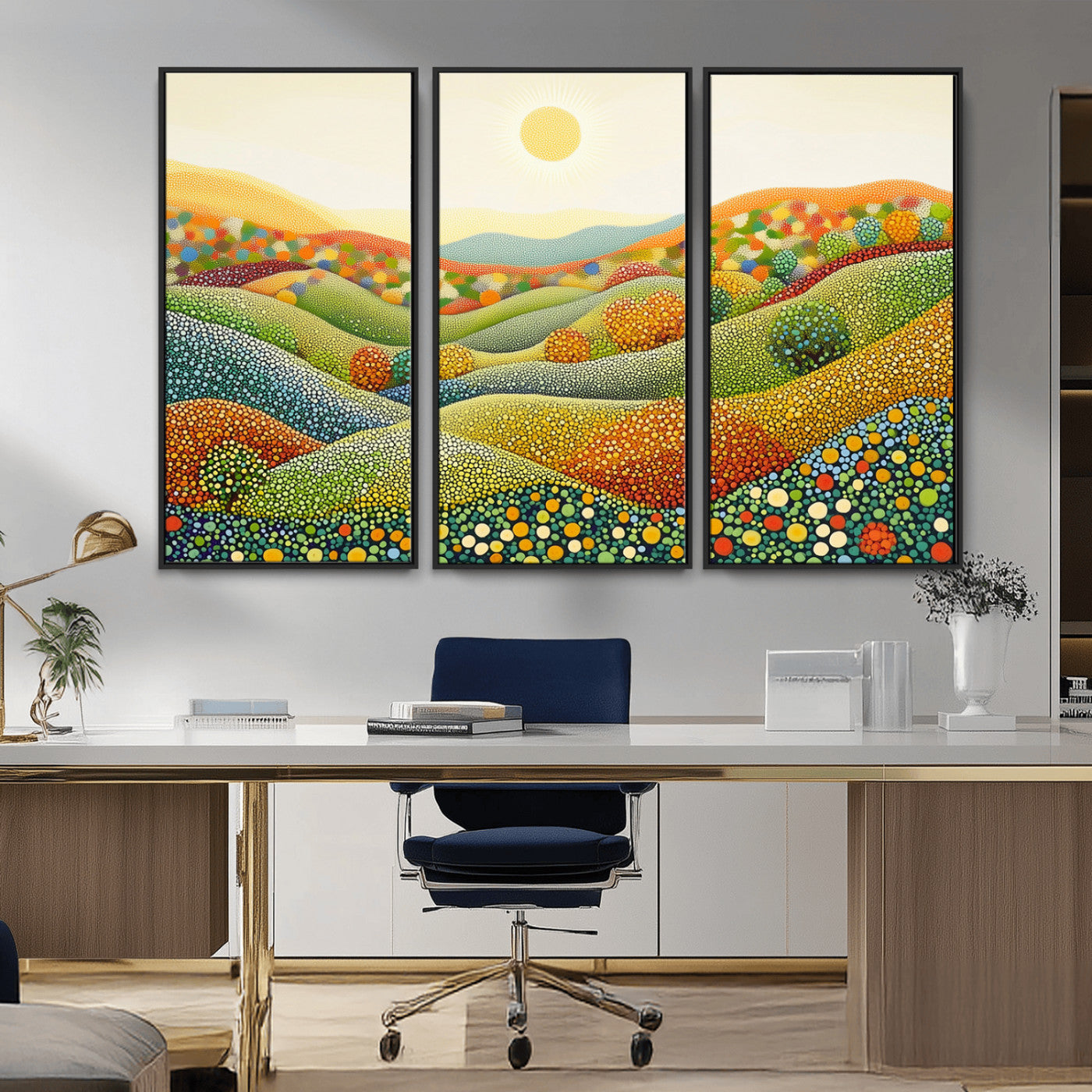 MGV-FC-48X32-3P - YAYOI KUSAMA Wall Art - Colorful Dot Art Landscape Canvas, Framed Japanese Dot Art