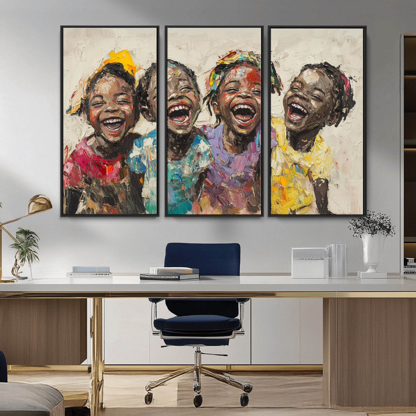MGV-FC-48X32-3P - Shai Yossef style Joyful Childhood Canvas Wall Art - Expressive Impasto Painting of Black Children