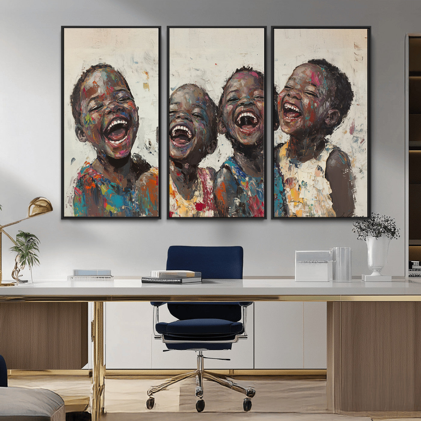 85256-MGV-FC-48X32-3P_Black-Shai Yossef Print - Joyful Childhood Canvas Wall Art - Expressive Impasto Painting of Laughing