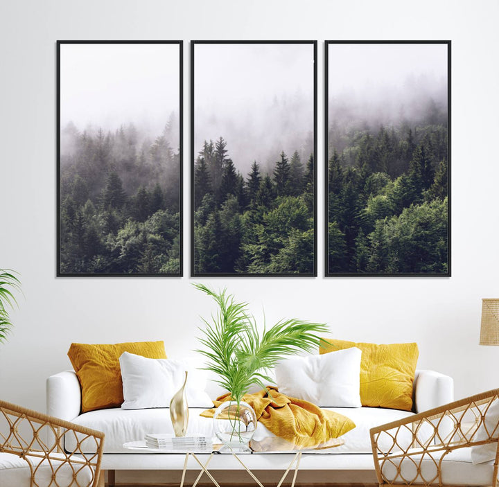 A serene triptych nature print featuring a misty forest, perfect as wall art.