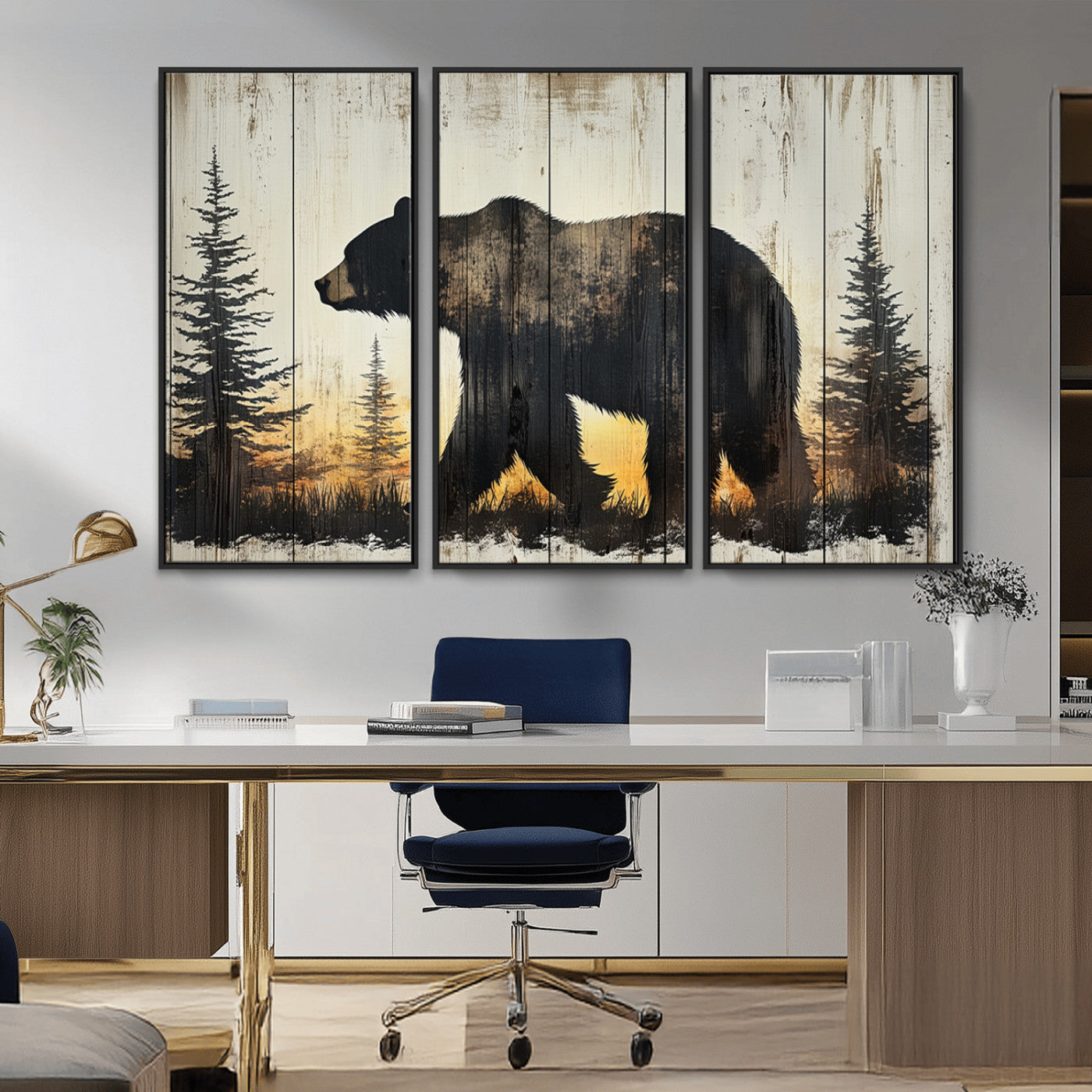 83875-MGV-CV-36X24-Vintage Bear Wall Art Canvas Print for Farmhouse - Mountain Wood Canvas Wall Art - Forest Silhouette