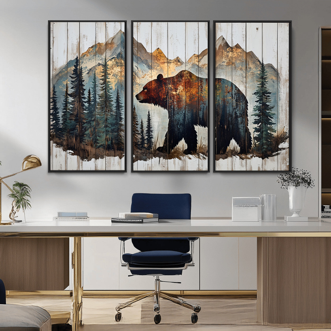 55777-MGV-CV-36X24-Rustic Grizzly 399 Bear and Mountain Wood Canvas Wall Art - Framed Nature Artwork with Forest