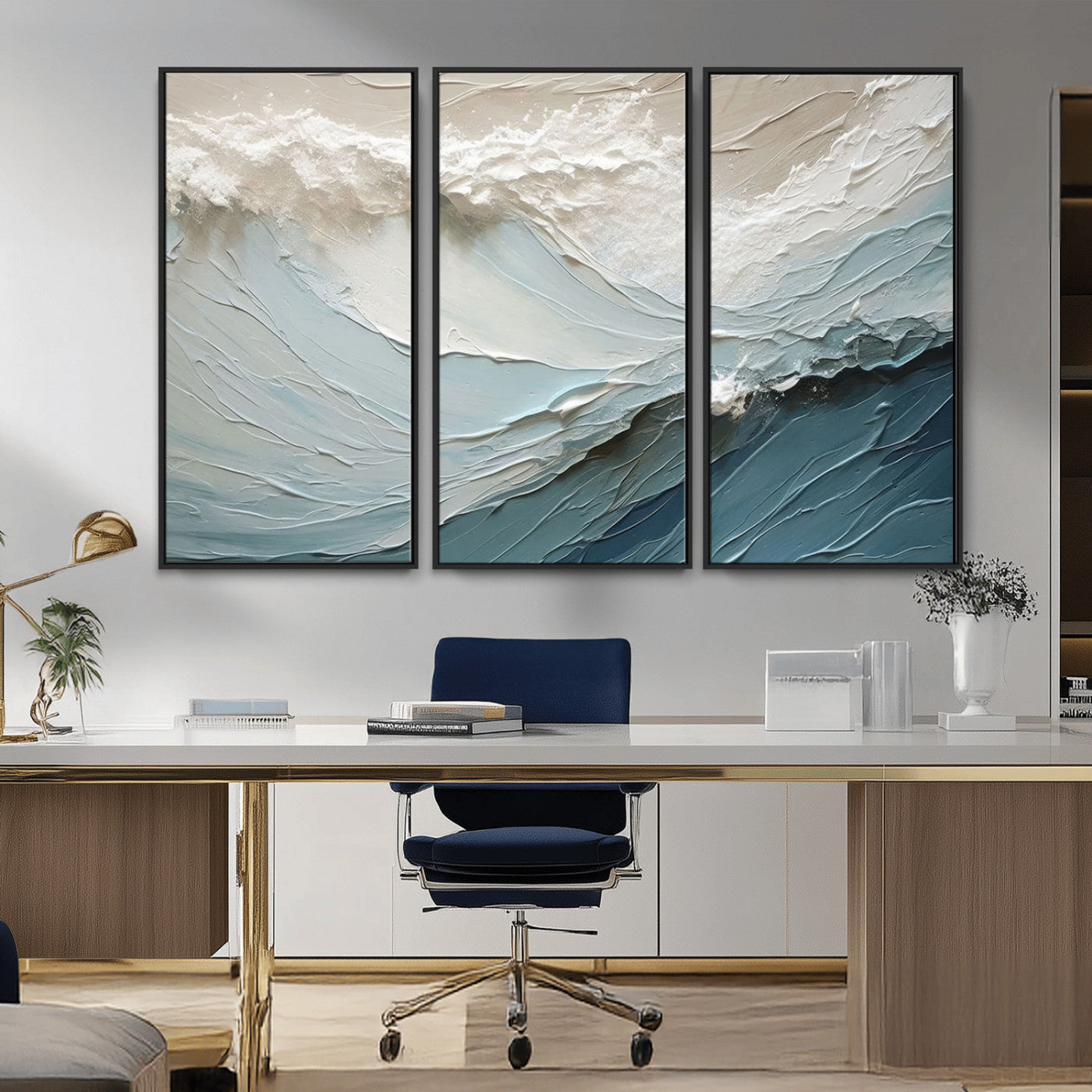 MGV-FC-48X32-3P - Waves Abstract Wall Art Print, Modern Framed Abstract Canvas Print, Abstract Painting for Living
